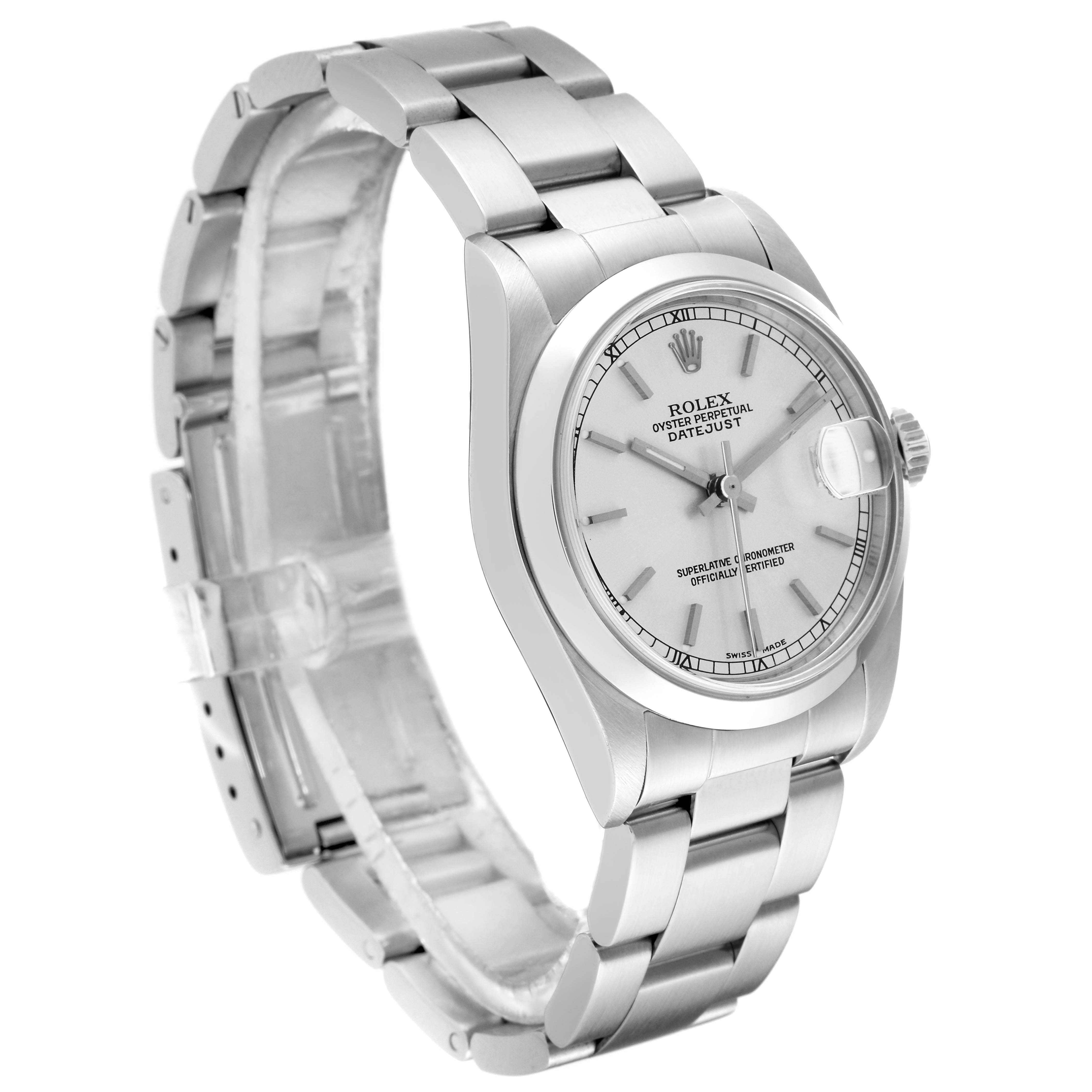 This image shows the front and left side of the Mid-Size Rolex Datejust, featuring the dial, case, and bracelet.