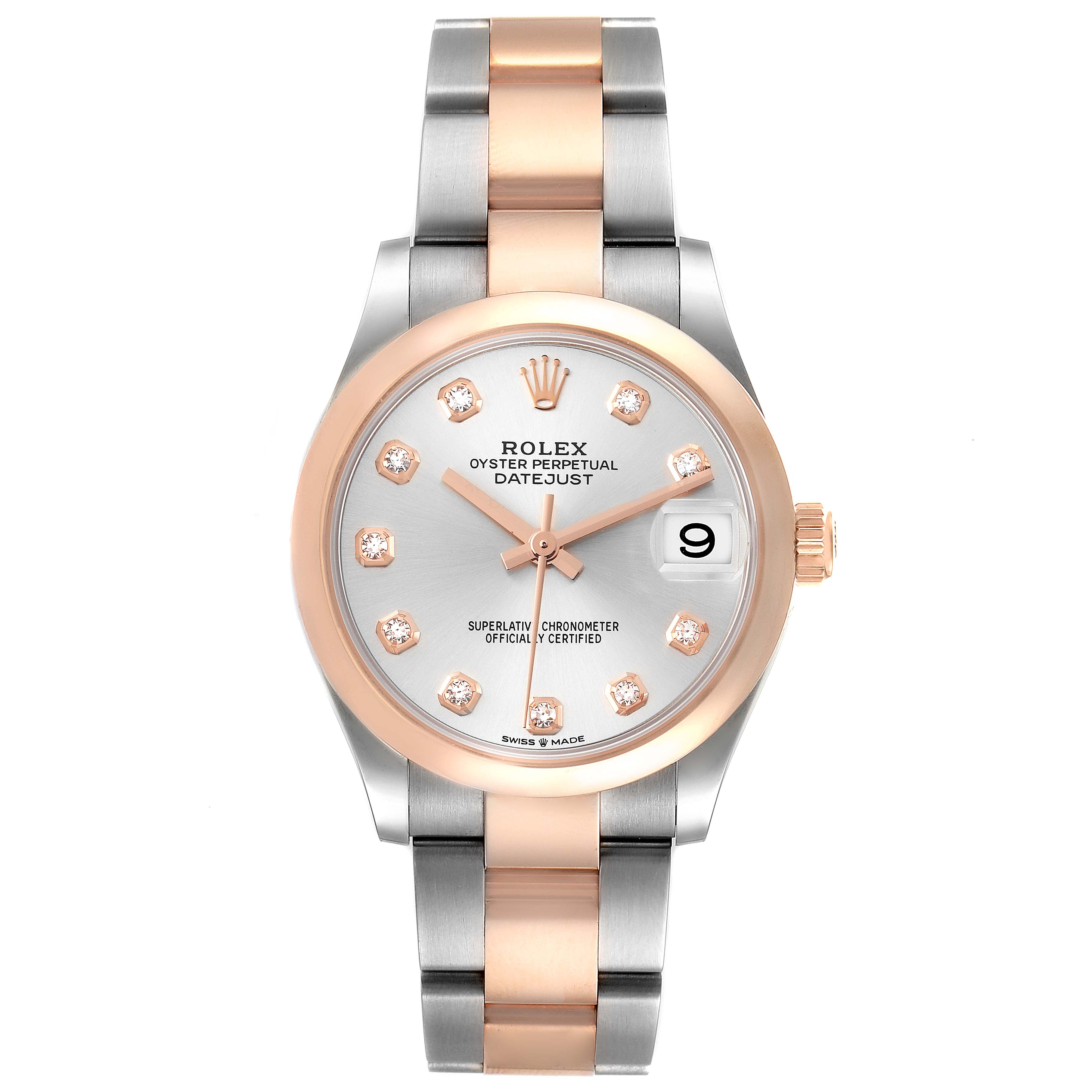 This Rolex Mid-Size 278241 Women's Steel and Gold (two tone) Silver Dial 278241 Women's Steel and Gold (two tone) Silver Dial Datejust watch is shown from a top-down angle, highlighting the dial, bezel, and bracelet.