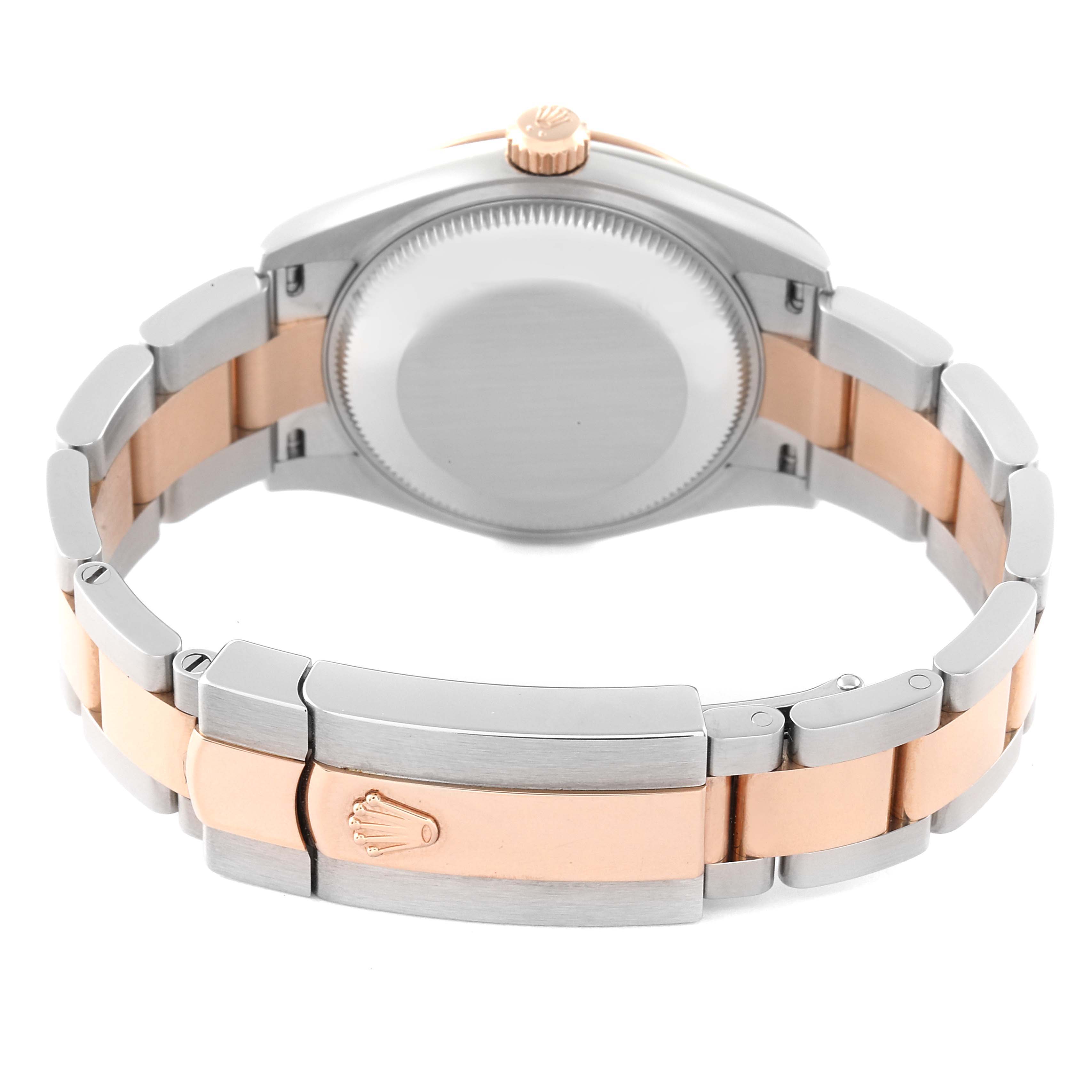 This image shows the back view of a Mid-Size Rolex watch, highlighting the bracelet, clasp, and caseback.