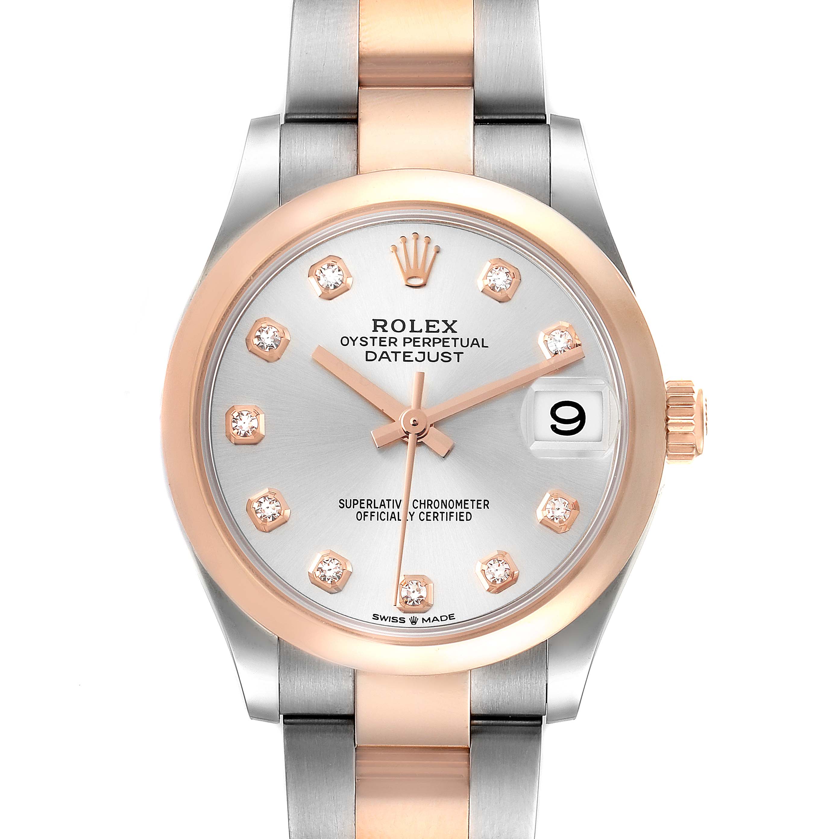 This image shows a front view of a Rolex Mid-Size 278241 Women's Steel and Gold (two tone) Silver Dial 278241 Women's Steel and Gold (two tone) Silver Dial Datejust watch, highlighting its face, dial, and bezel.
