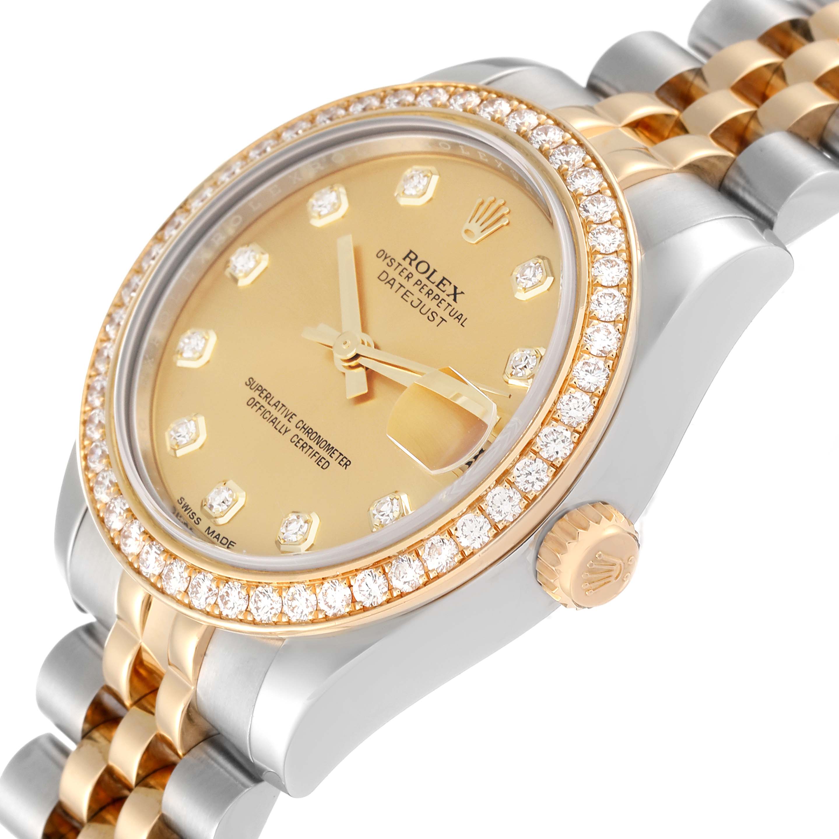 The Rolex Mid-Size 178383 Women's Steel and Gold (two tone) Champagne Dial 178383 Women's Steel and Gold (two tone) Champagne Dial model watch is shown from an angled view, highlighting its face, bezel, and part of the bracelet.
