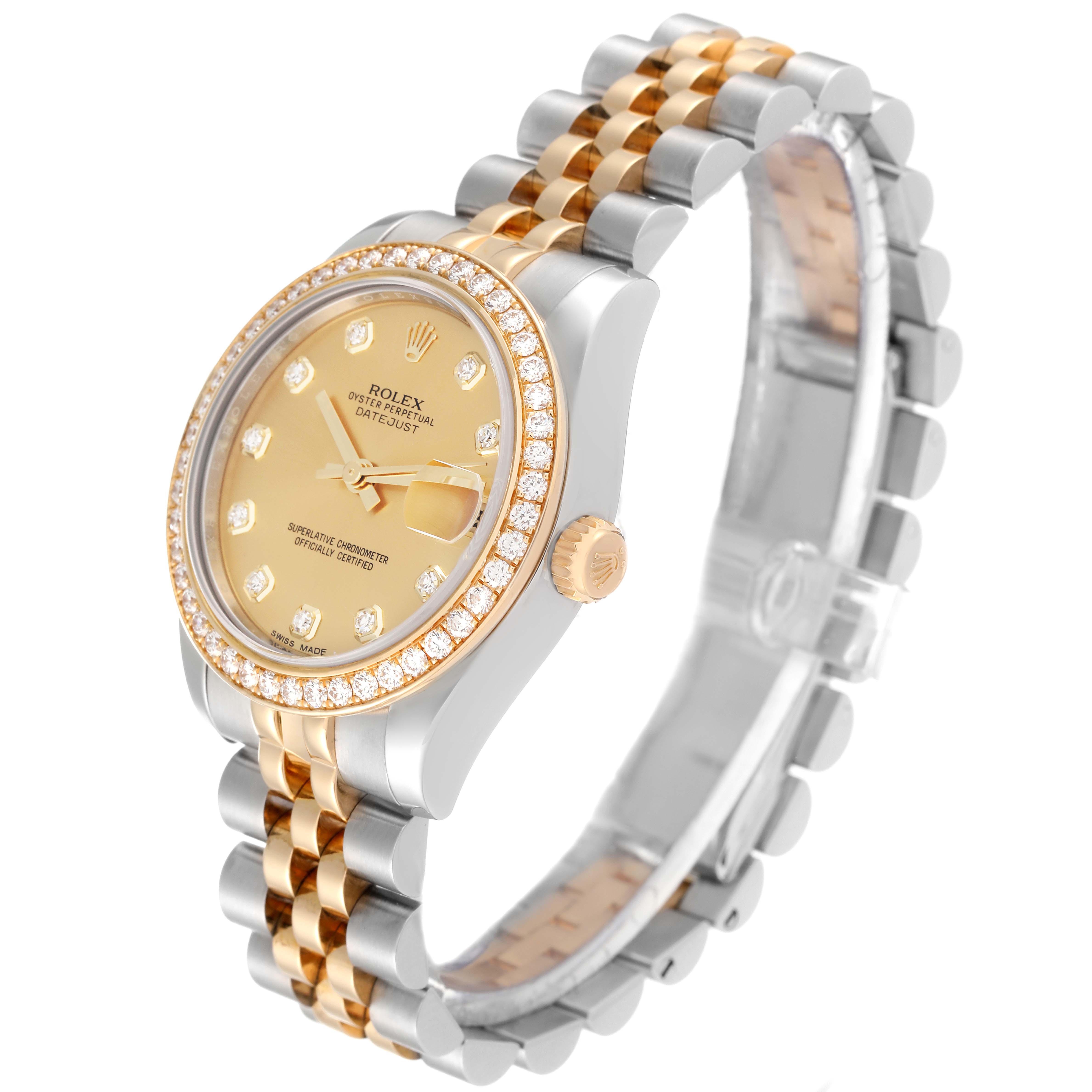 This image shows a side angle of a Rolex Mid-Size 178383 Women's Steel and Gold (two tone) Champagne Dial 178383 Women's Steel and Gold (two tone) Champagne Dial watch, highlighting the face, bezel, crown, and bracelet.