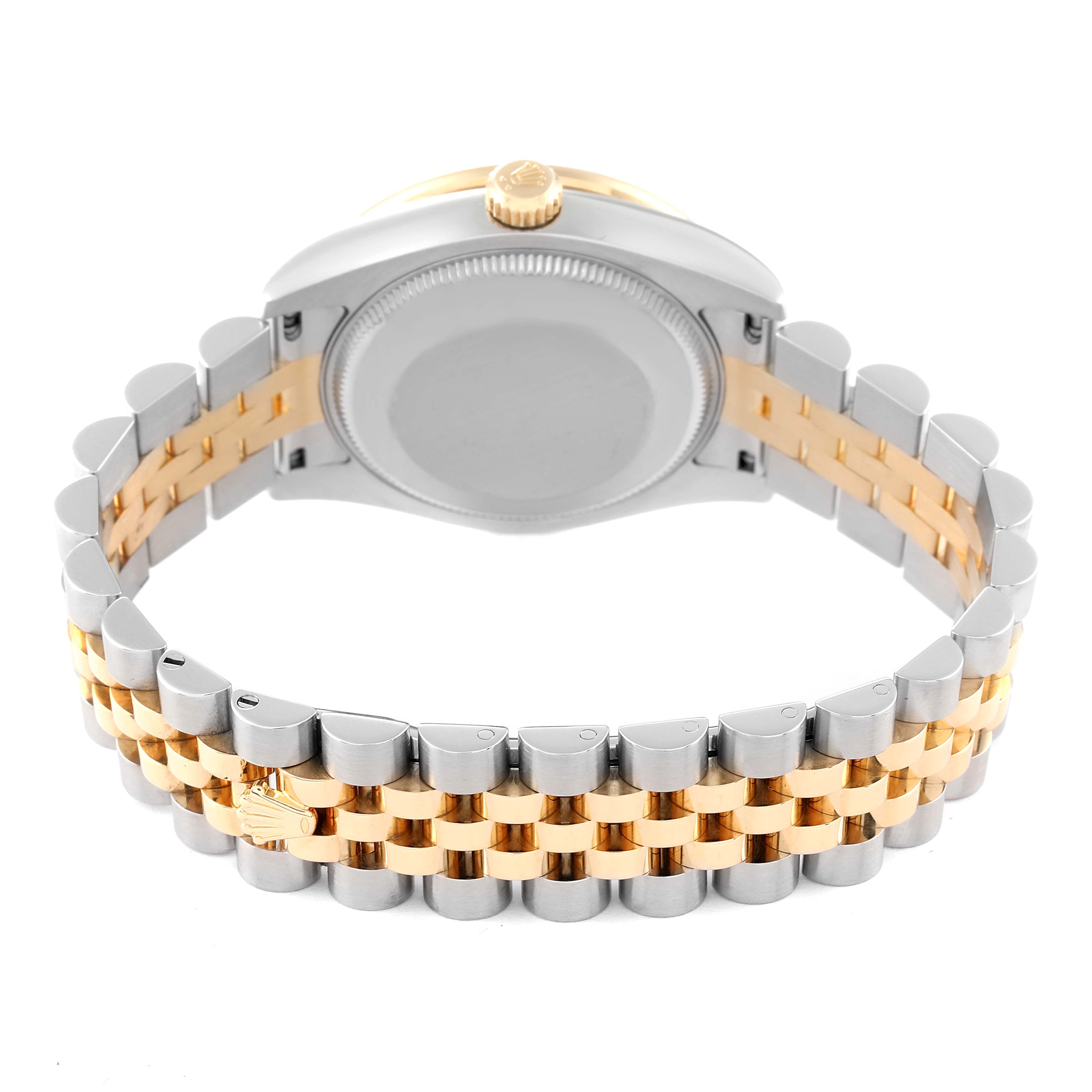 This Rolex Mid-Size 178383 Women's Steel and Gold (two tone) Champagne Dial 178383 Women's Steel and Gold (two tone) Champagne Dial watch is shown from the back, highlighting the stainless steel and gold bracelet and case back.