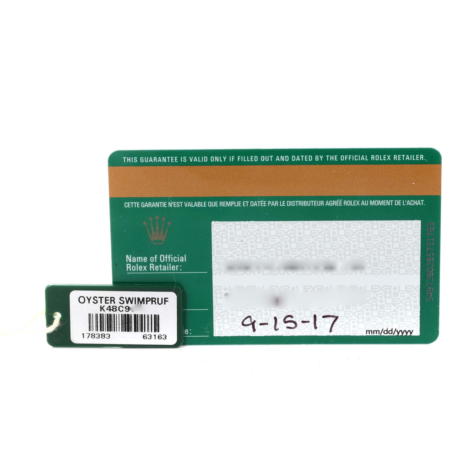 The image shows a Rolex warranty card and an Oyster Swimpruf tag for a Mid-Size model.