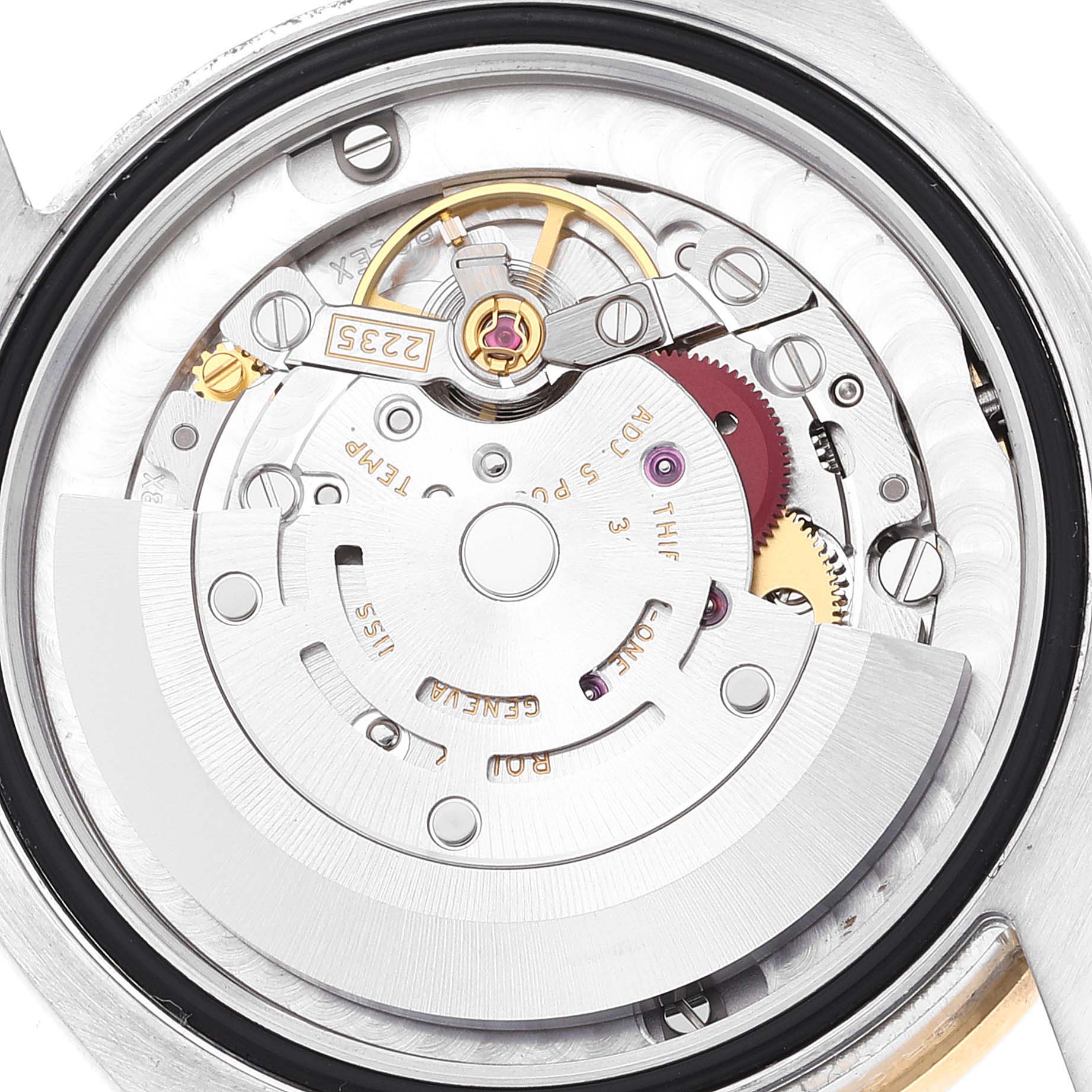This image shows the intricate inner mechanics of a Rolex Mid-Size 178383 Women's Steel and Gold (two tone) Champagne Dial 178383 Women's Steel and Gold (two tone) Champagne Dial watch, focusing on the movement assembly.