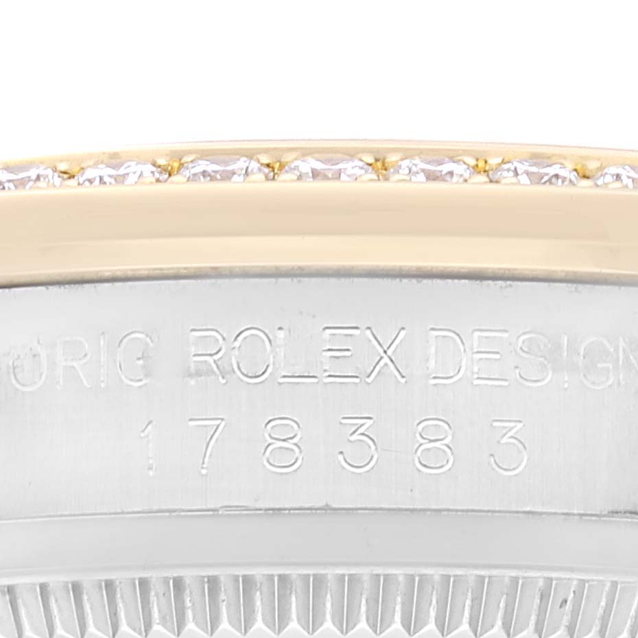 The image shows a close-up of the bezel and the model number on a Rolex Mid-Size 178383 Women's Steel and Gold (two tone) Champagne Dial 178383 Women's Steel and Gold (two tone) Champagne Dial watch, model 178383.