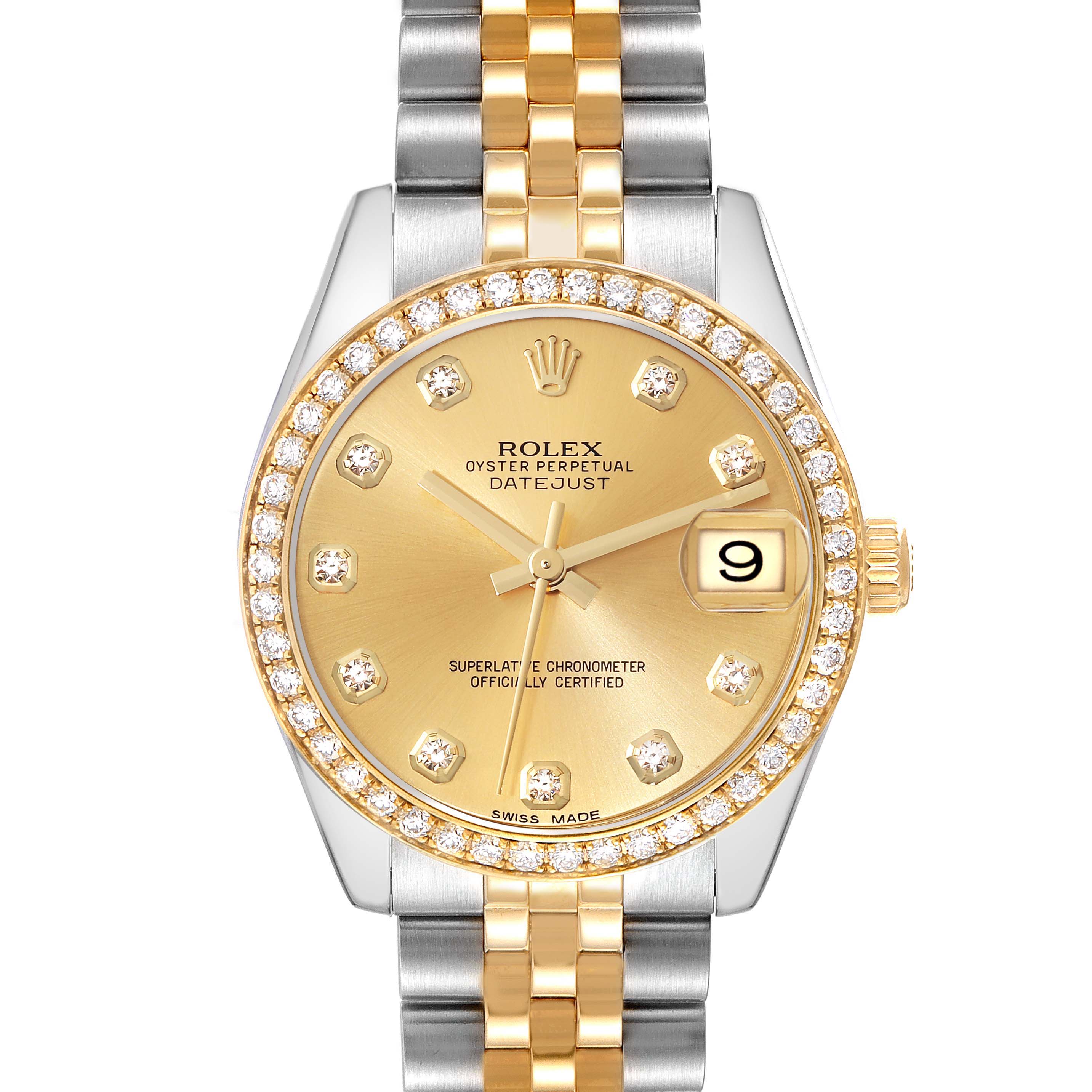 The image shows a front view of a Rolex Mid-Size 178383 Women's Steel and Gold (two tone) Champagne Dial 178383 Women's Steel and Gold (two tone) Champagne Dial Datejust watch, highlighting its gold dial, diamond bezel, and two-tone bracelet.