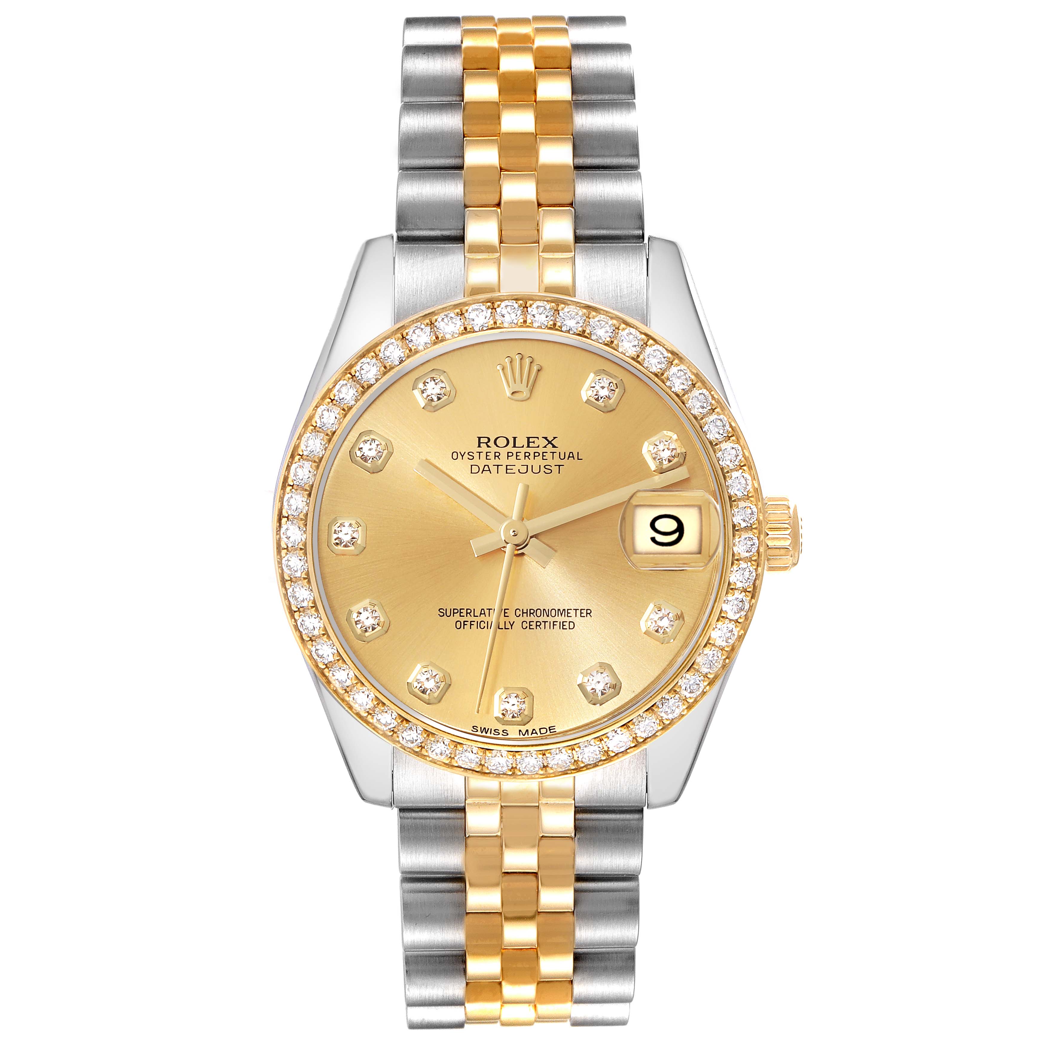 This Rolex Mid-Size 178383 Women's Steel and Gold (two tone) Champagne Dial 178383 Women's Steel and Gold (two tone) Champagne Dial Oyster Perpetual Datejust watch is shown from a top-down angle, highlighting the dial, bezel, and bracelet.