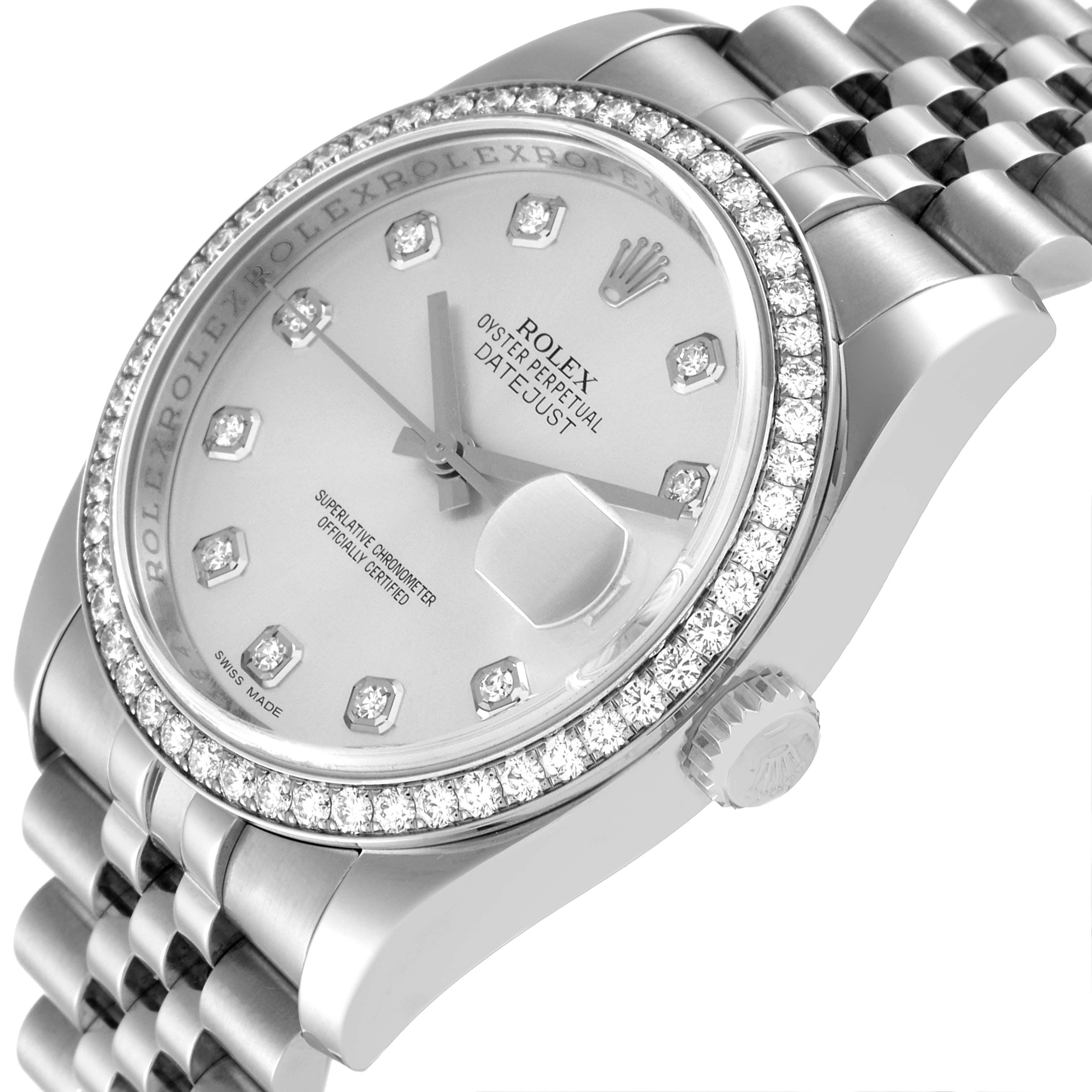The image shows a silver Rolex Datejust 116244 Men's Stainless Steel Silver Dial 116244 Men's Stainless Steel Silver Dial watch at a slight angle, highlighting the bezel, dial, crown, and part of the bracelet.