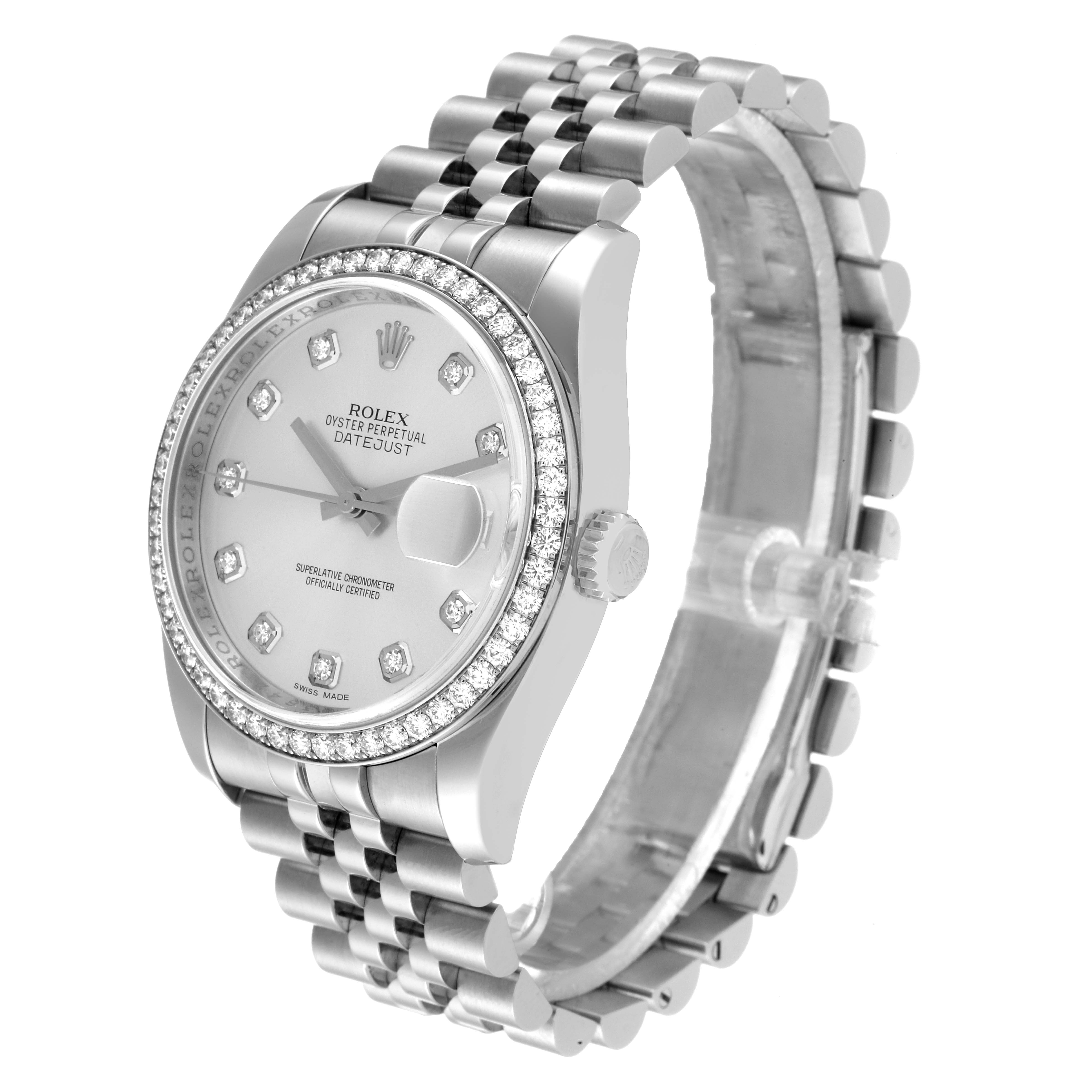 The Rolex Datejust 116244 Men's Stainless Steel Silver Dial 116244 Men's Stainless Steel Silver Dial watch is shown at a three-quarter angle, highlighting its dial, bezel, bracelet, and crown.