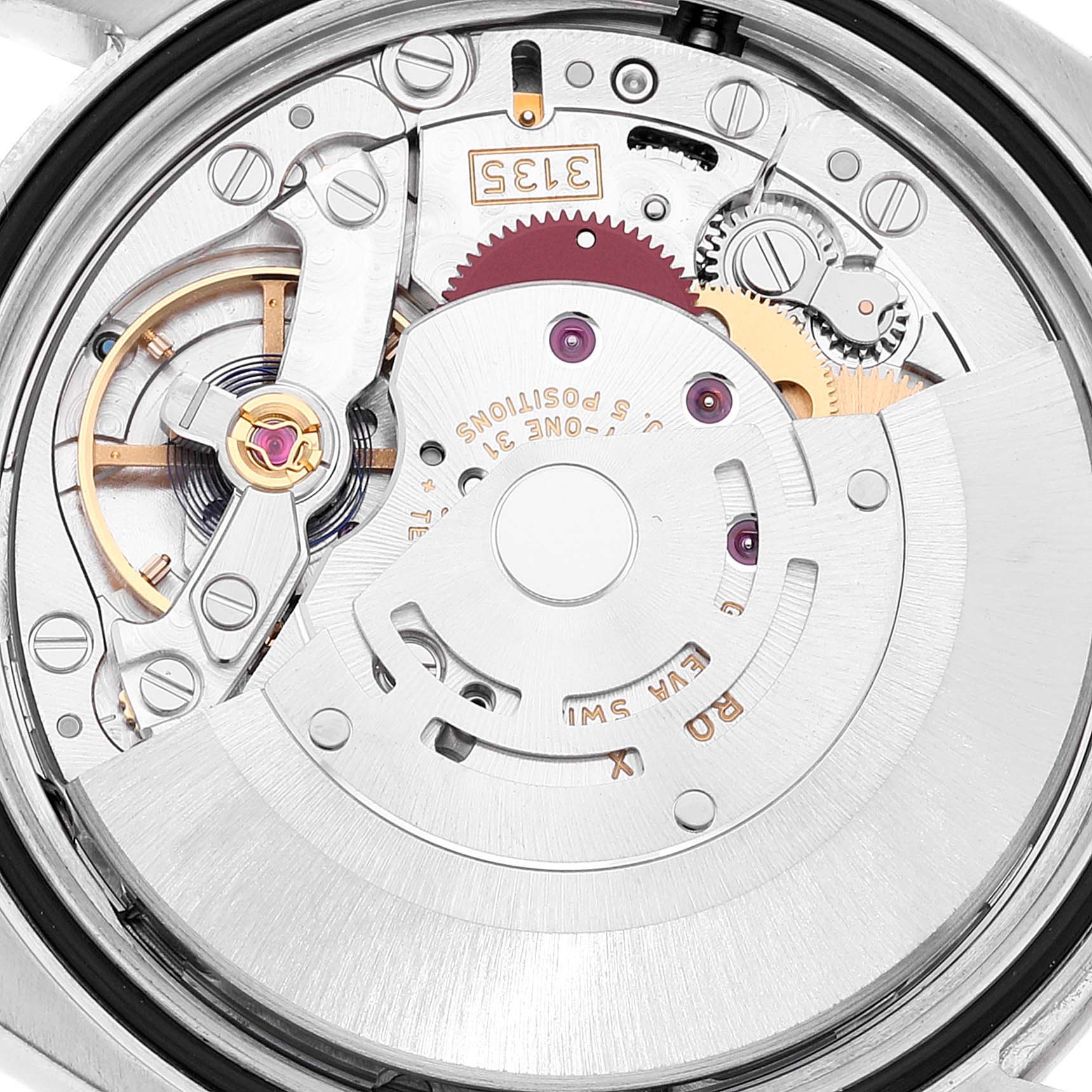 The image shows a close-up of the Rolex Datejust 116244 Men's Stainless Steel Silver Dial 116244 Men's Stainless Steel Silver Dial watch movement mechanism from the rear.