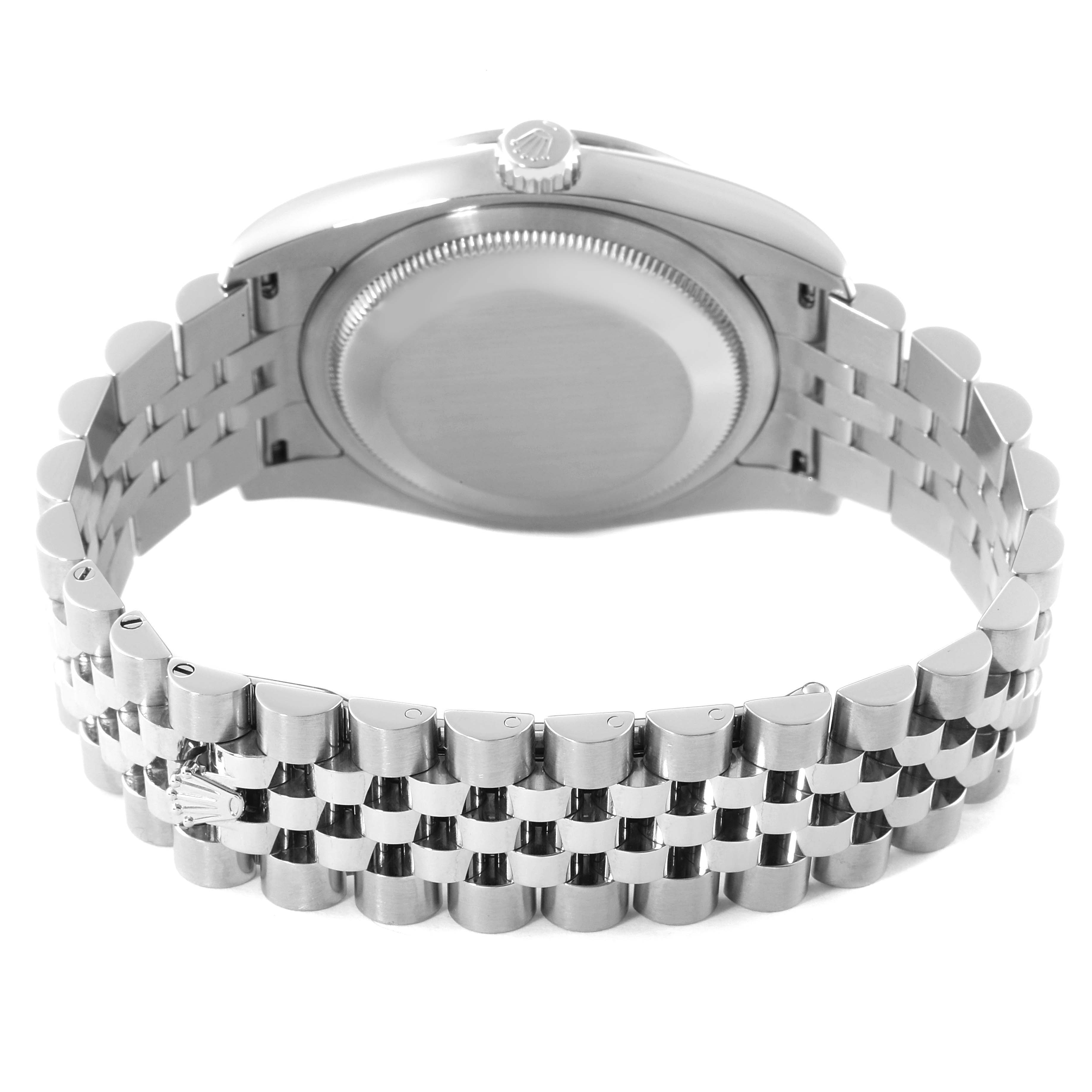 The image shows the back view of a Rolex Datejust 116244 Men's Stainless Steel Silver Dial 116244 Men's Stainless Steel Silver Dial model, highlighting its case back and jubilee bracelet.