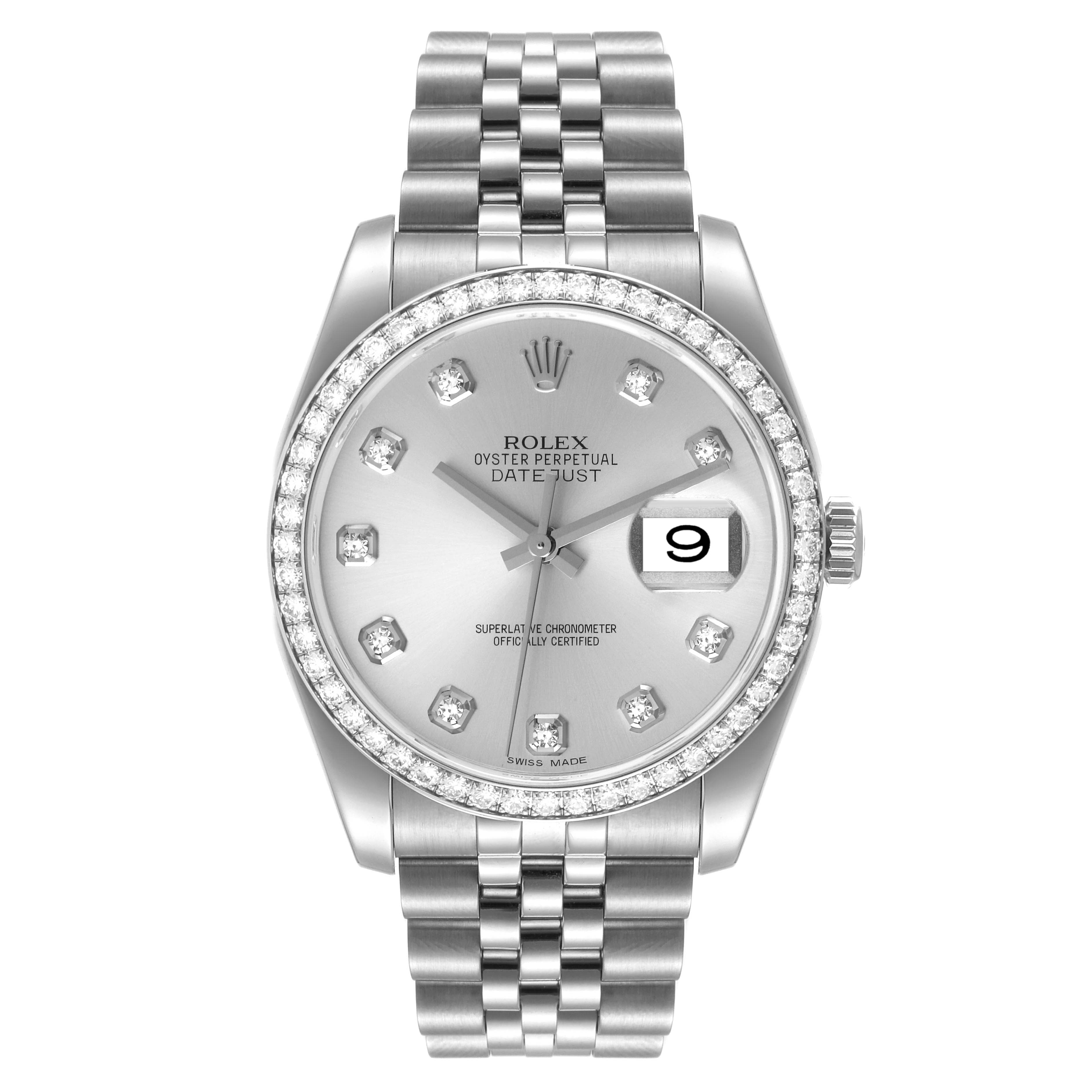 The image shows a frontal view of a Rolex Datejust 116244 Men's Stainless Steel Silver Dial 116244 Men's Stainless Steel Silver Dial watch, highlighting the dial, bezel, bracelet, and date window.