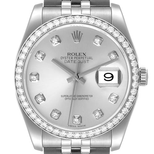 Photo of Rolex Datejust 36 Silver Diamond Dial Bezel Unisex Watch 116244 Box Card