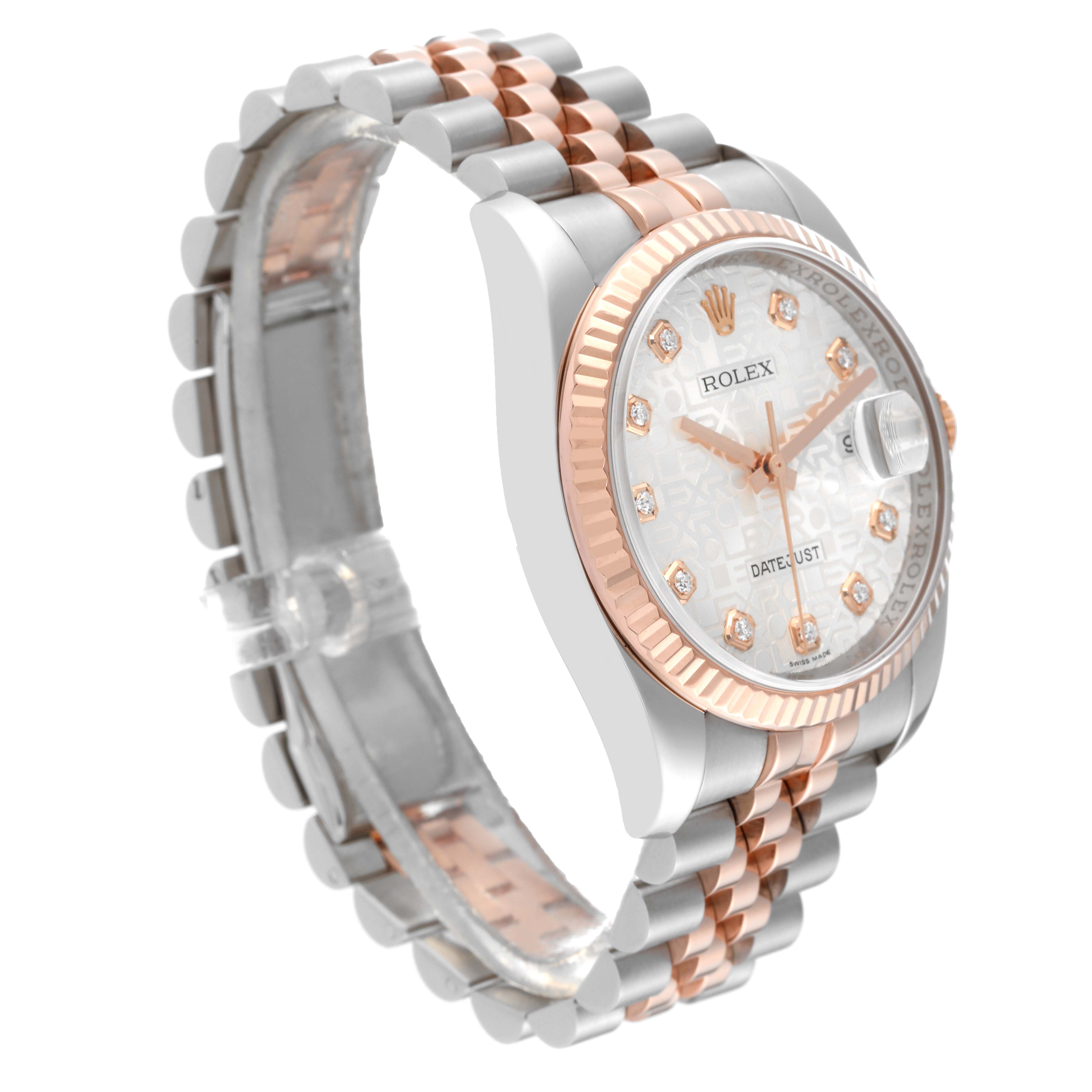 This Rolex Datejust 116231 Men's Steel and Gold (two tone) Silver Dial 116231 Men's Steel and Gold (two tone) Silver Dial watch is shown at a slight angle showcasing its face, bezel, and two-tone bracelet.