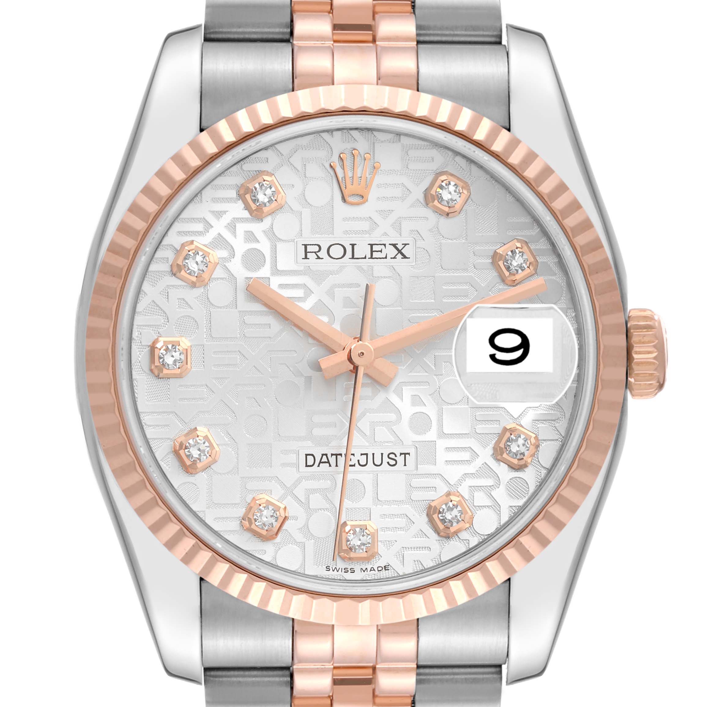 The image shows a front view of the Rolex Datejust 116231 Men's Steel and Gold (two tone) Silver Dial 116231 Men's Steel and Gold (two tone) Silver Dial watch, displaying its dial, bezel, crown, and part of the bracelet.