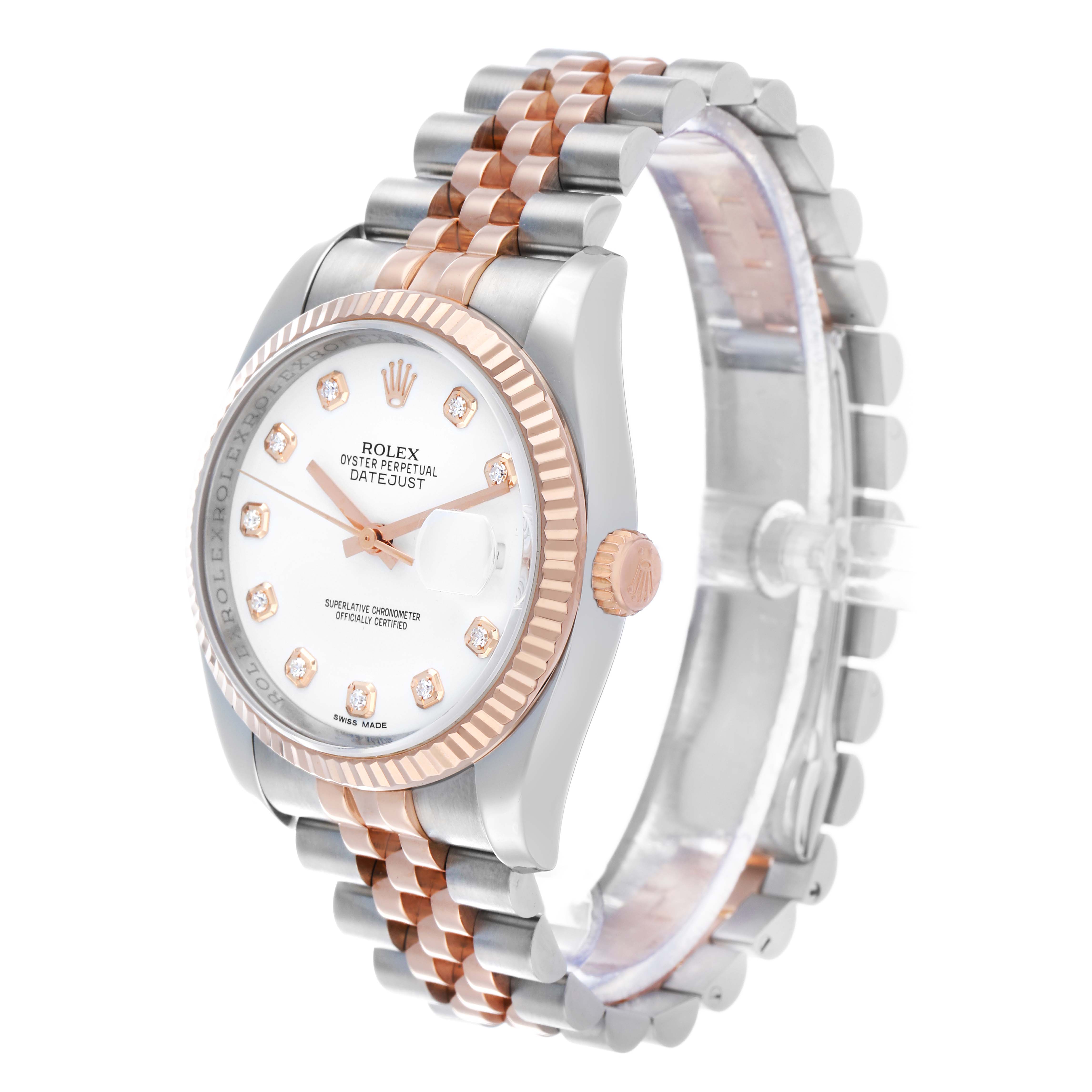 The Rolex Datejust 116231 Men's Steel and Gold (two tone) White Dial is shown at a three-quarter angle, highlighting its bezel, dial, and two-tone bracelet.