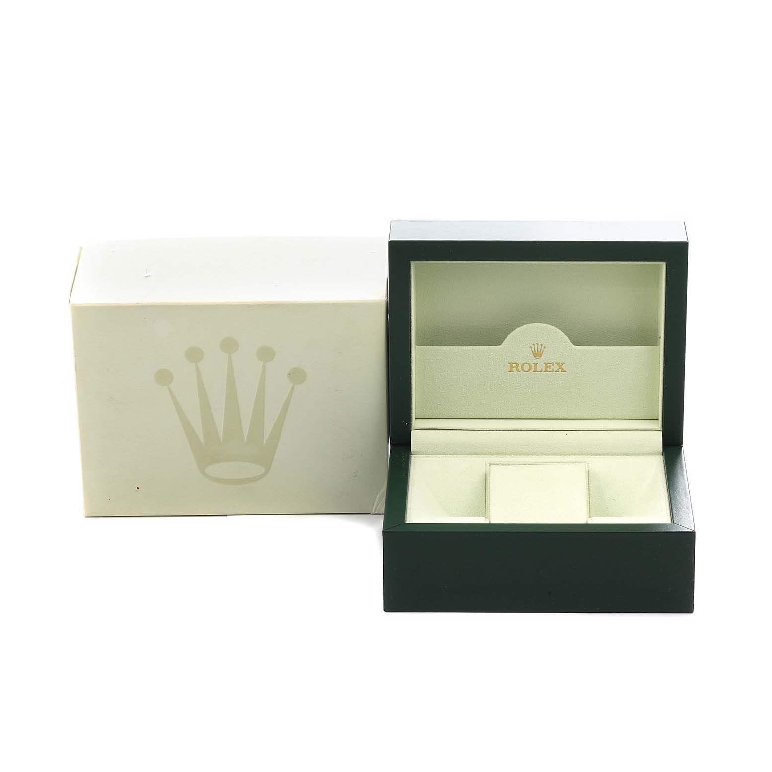 The image shows the open and closed boxes for a Rolex Datejust 116231 Men's Steel and Gold (two tone) White Dial watch, displaying the packaging but not the watch itself.