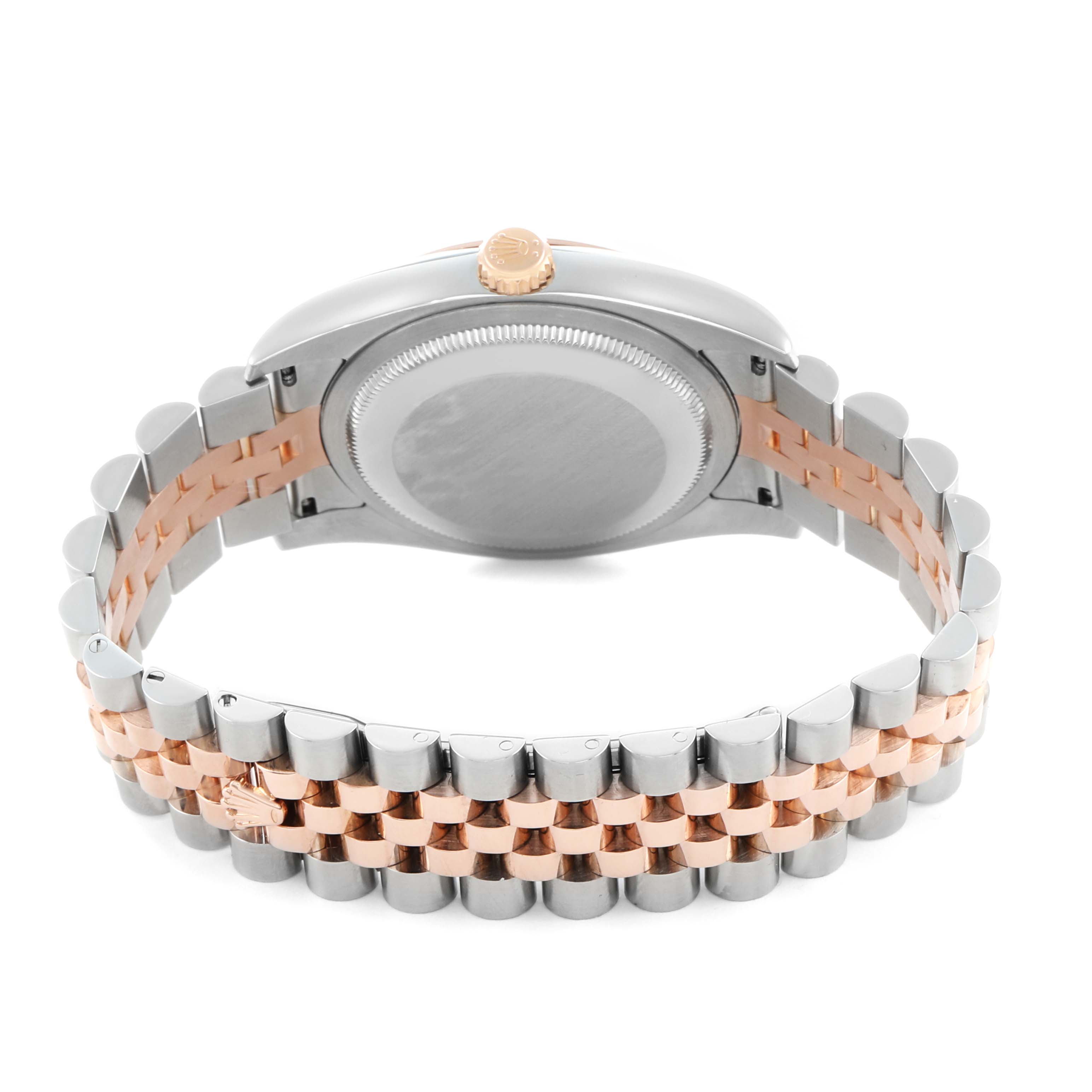 The image shows the back and side view of a Rolex Datejust 116231 Men's Steel and Gold (two tone) White Dial watch, highlighting the case back and two-tone bracelet.