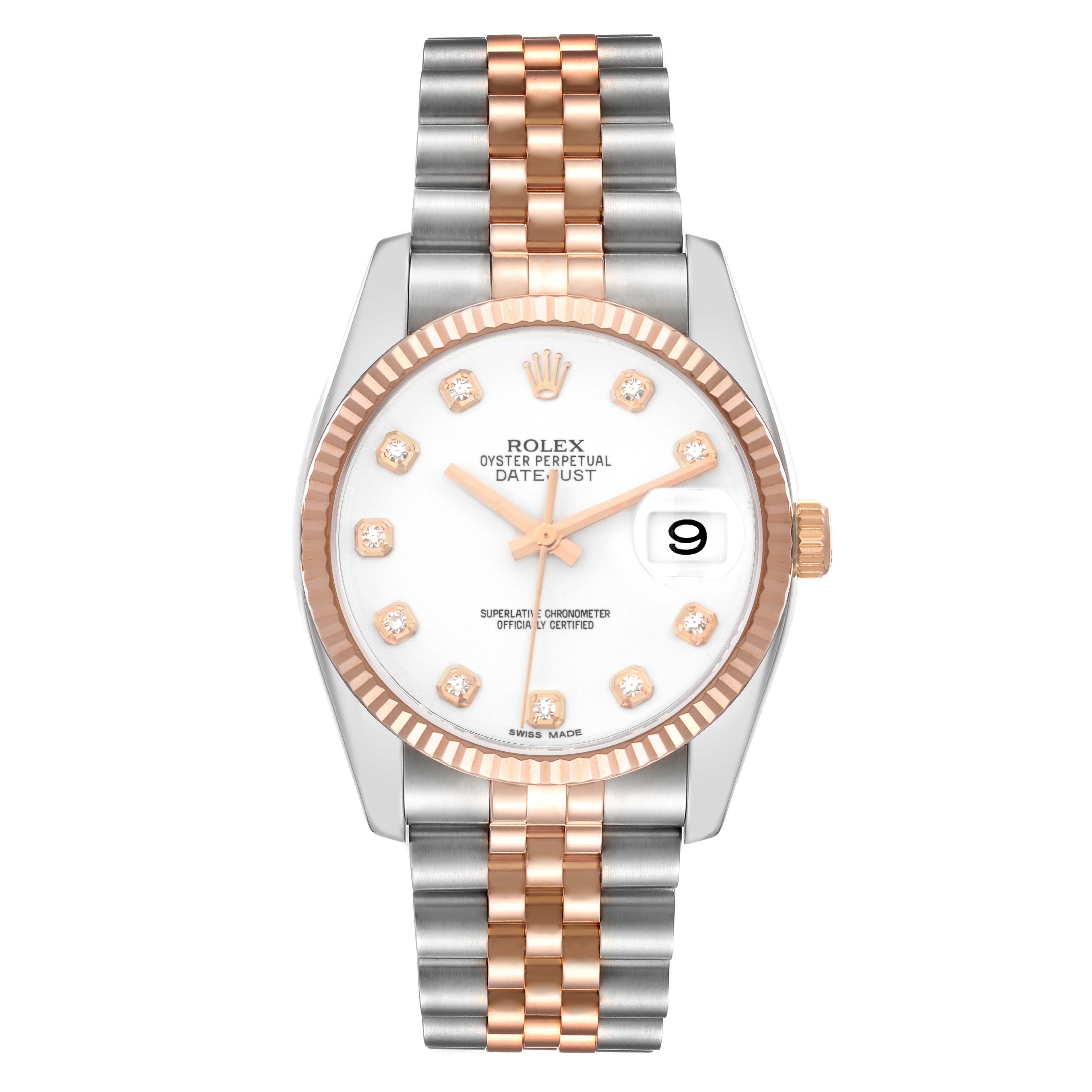 The Rolex Datejust 116231 Men's Steel and Gold (two tone) White Dial watch is shown from a top-down angle, displaying the dial, bezel, and bracelet.