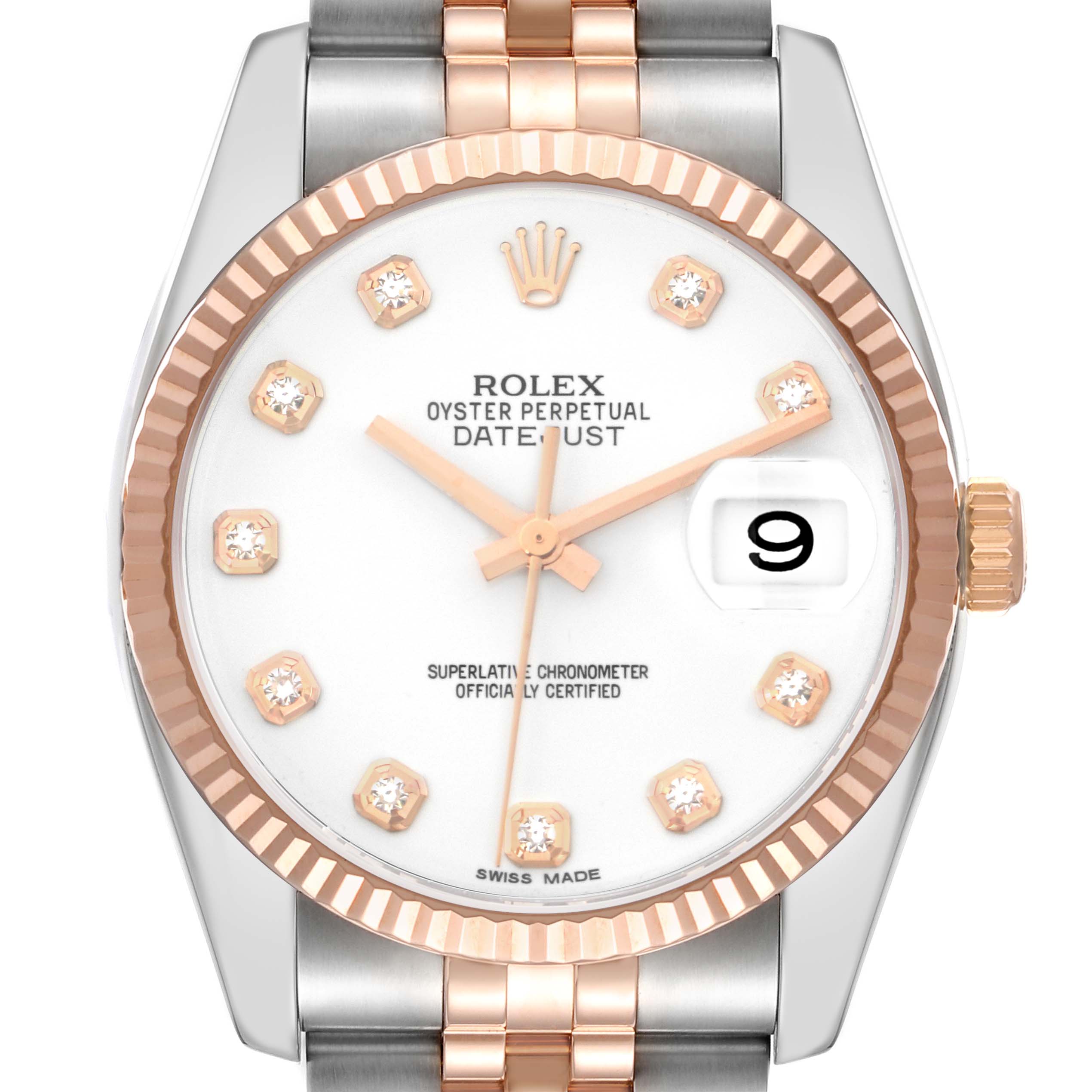 The Rolex Datejust 116231 Men's Steel and Gold (two tone) White Dial watch is shown from the front, highlighting the dial, bezel, and part of the bracelet.