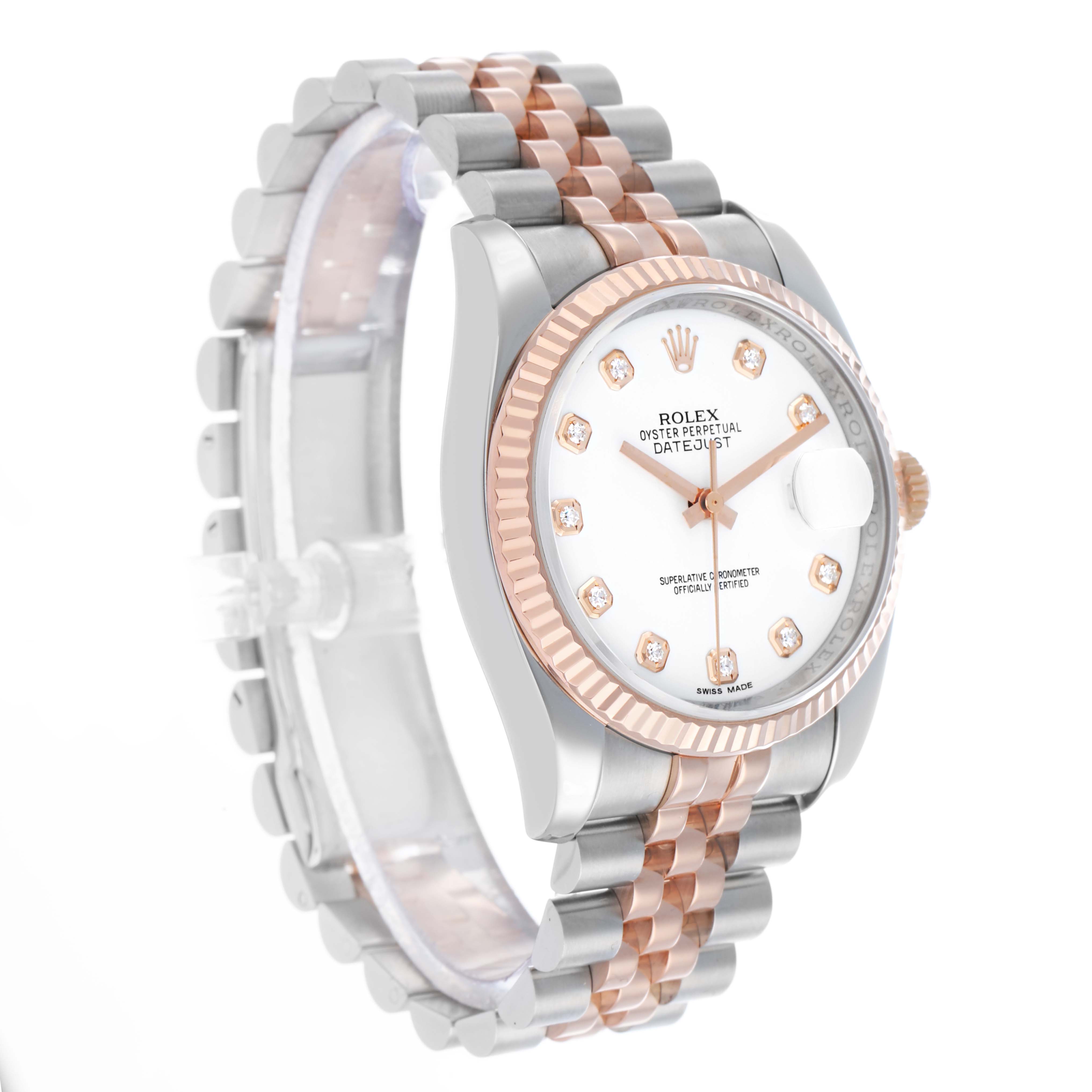 The Rolex Datejust 116231 Men's Steel and Gold (two tone) White Dial watch is shown at a three-quarter angle, displaying the face, bezel, and two-tone bracelet.