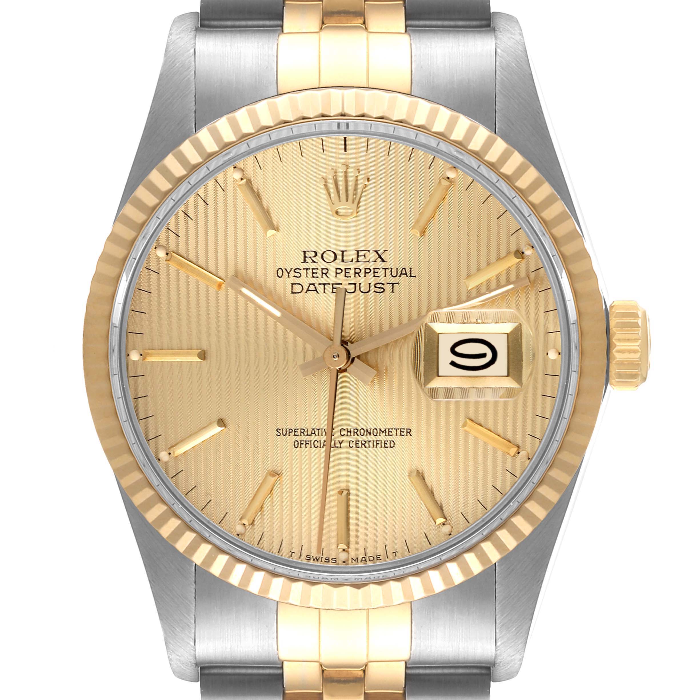 This is a close-up, front-facing view of the Rolex Vintage Collection 16013 Men
s Steel and Gold (two tone) Champagne Dial 16013 Men
s Steel and Gold (two tone) Champagne Dial Datejust, showcasing its gold dial, hands, and the two-tone metal bracelet.