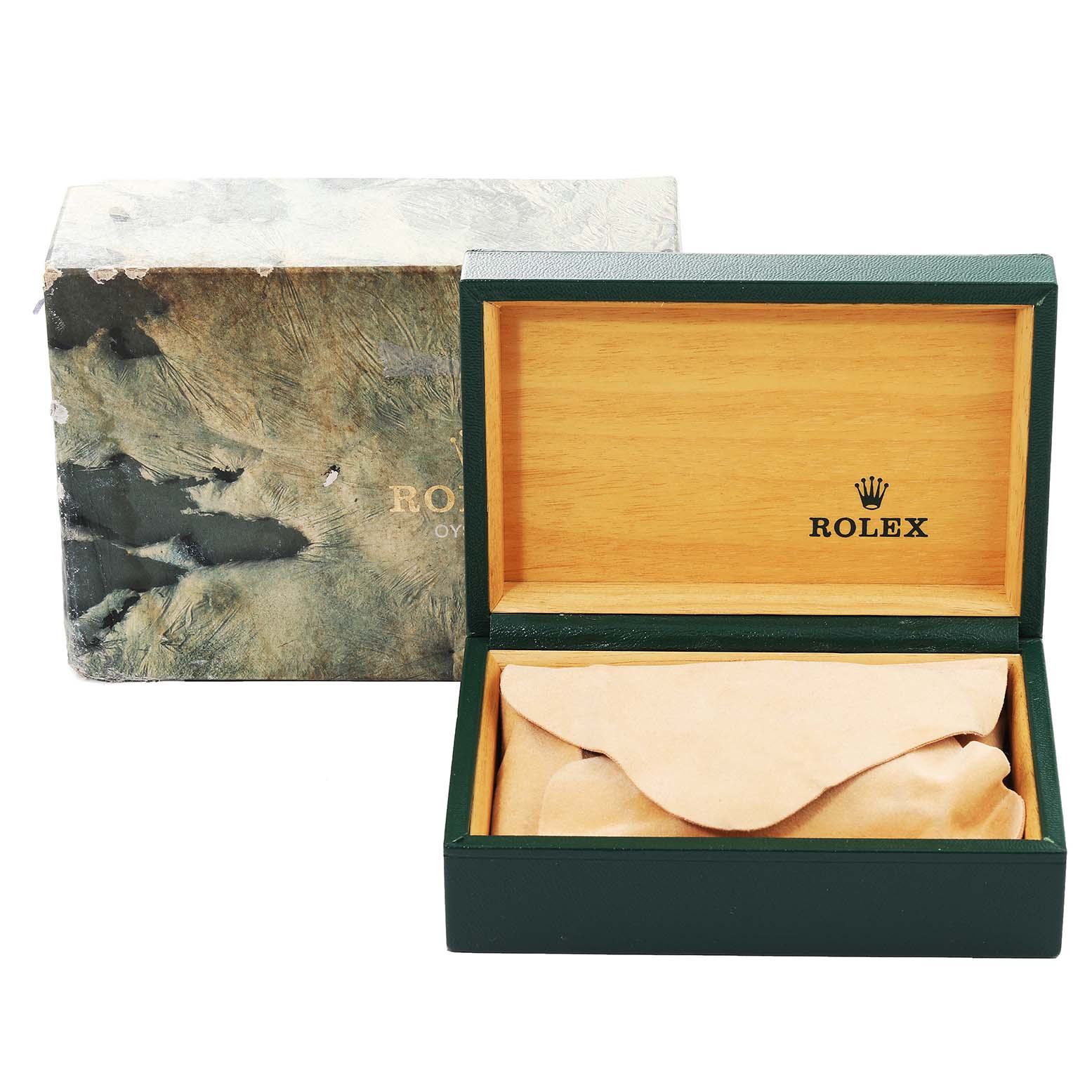 The image shows the open wooden box packaging for the Rolex Vintage Collection 16013 Men
s Steel and Gold (two tone) Champagne Dial 16013 Men
s Steel and Gold (two tone) Champagne Dial watch, with the outer box beside it.