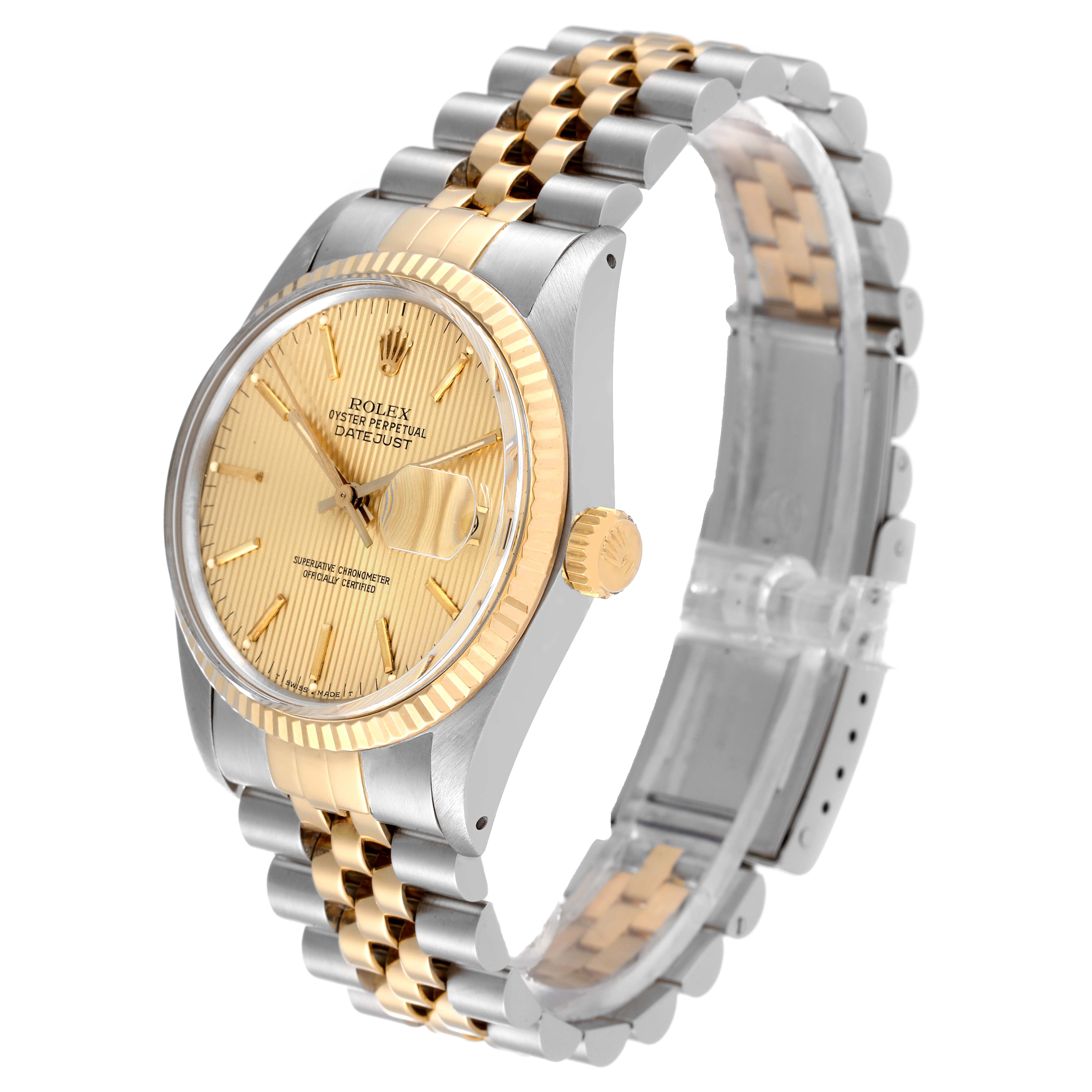 This Rolex Vintage Collection 16013 Men
s Steel and Gold (two tone) Champagne Dial 16013 Men
s Steel and Gold (two tone) Champagne Dial watch is shown at an angled view displaying its gold and silver bracelet, case, and dial.