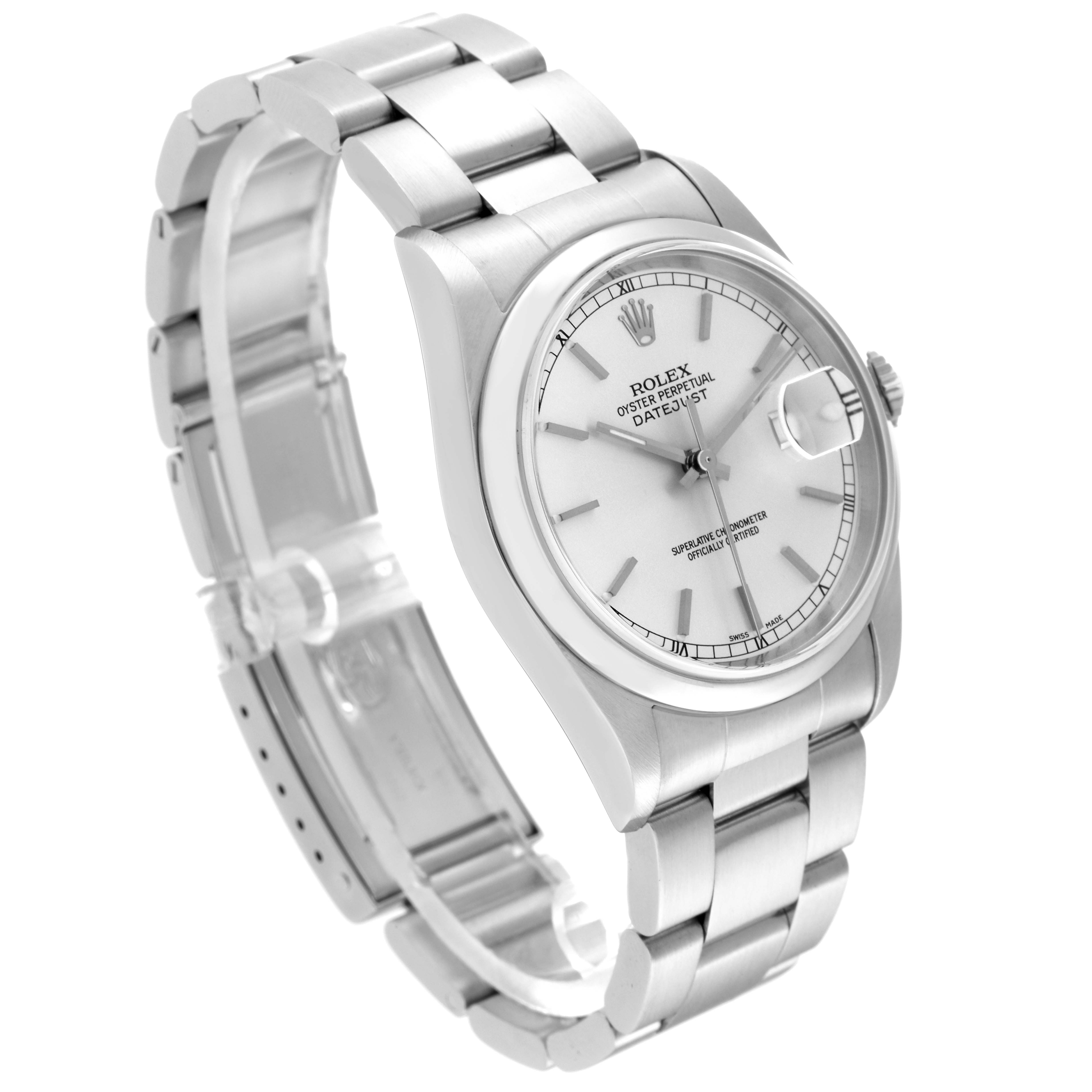 The image shows a side view of a Rolex Datejust 16200 Men's Stainless Steel Silver Dial 16200 Men's Stainless Steel Silver Dial watch, highlighting the bracelet, case, dial, and crown.