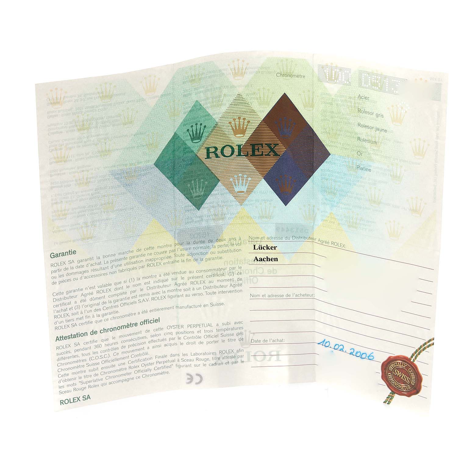 This image shows an official guarantee or certificate for a Rolex Datejust 16200 Men's Stainless Steel Silver Dial 16200 Men's Stainless Steel Silver Dial watch, displayed flat with text and logos visible.