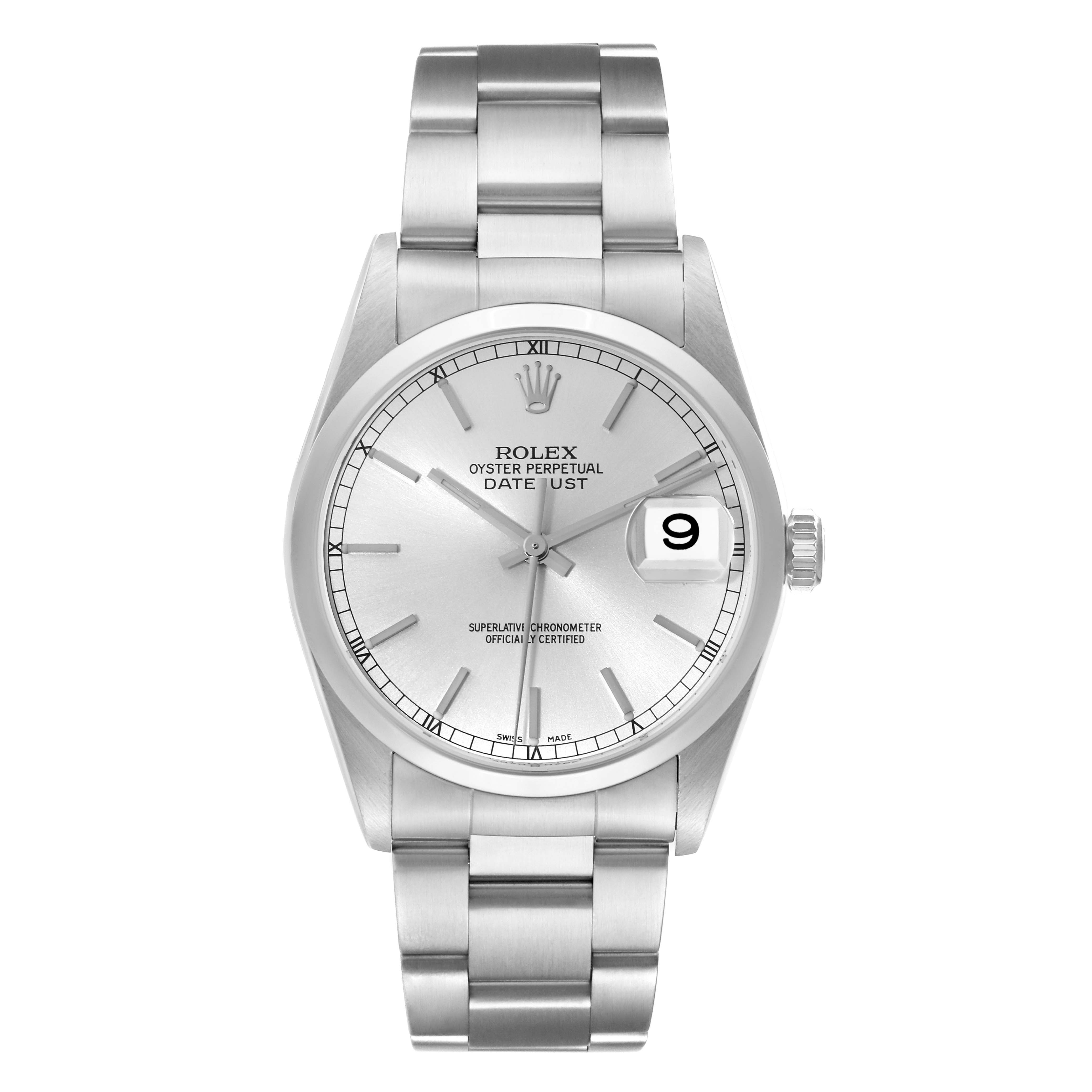The image shows a front view of a Rolex Datejust 16200 Men's Stainless Steel Silver Dial 16200 Men's Stainless Steel Silver Dial watch, highlighting its silver dial, metal bracelet, and date window.