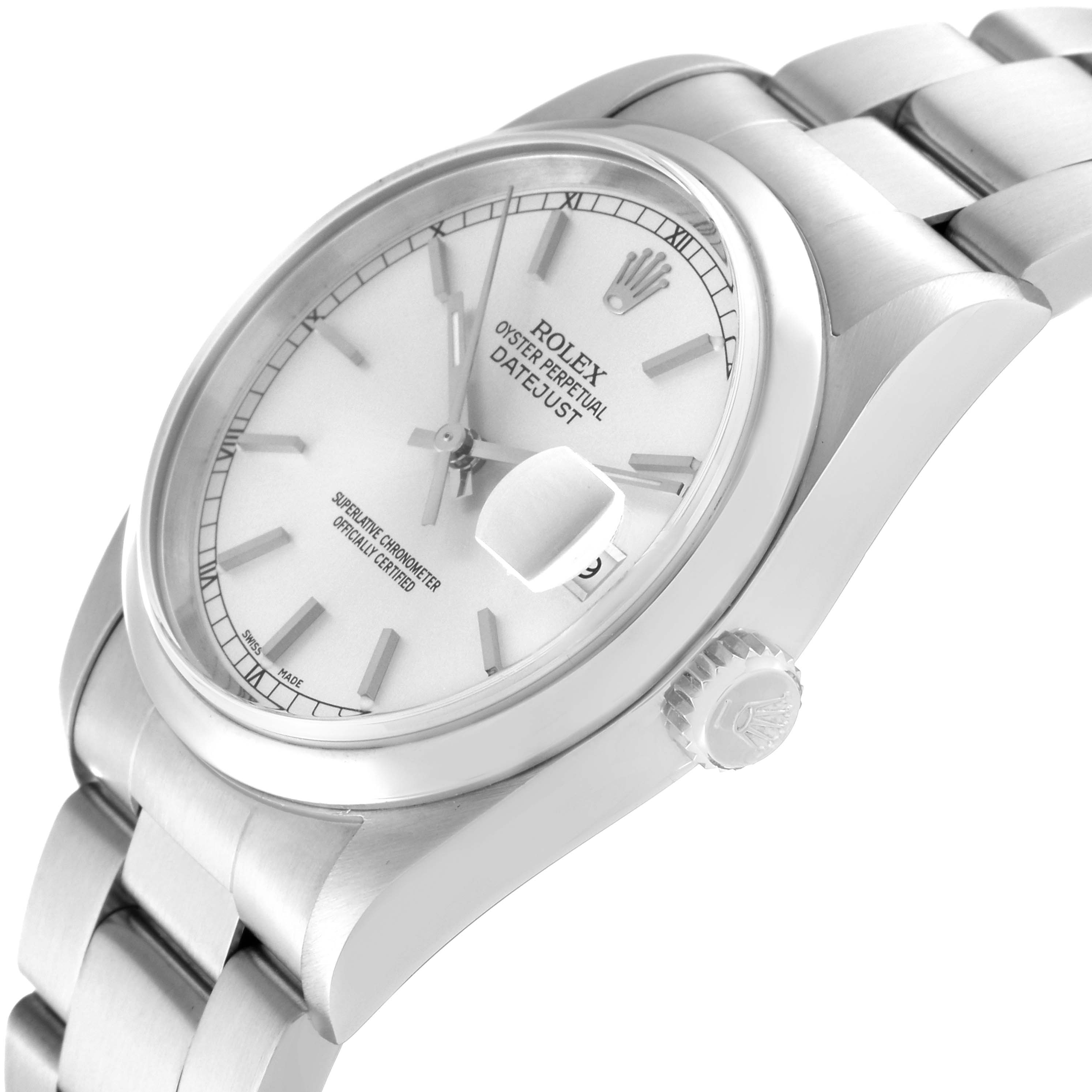 The image shows a Rolex Datejust 16200 Men's Stainless Steel Silver Dial 16200 Men's Stainless Steel Silver Dial watch, viewed at an angle highlighting the face, crown, and part of the bracelet.