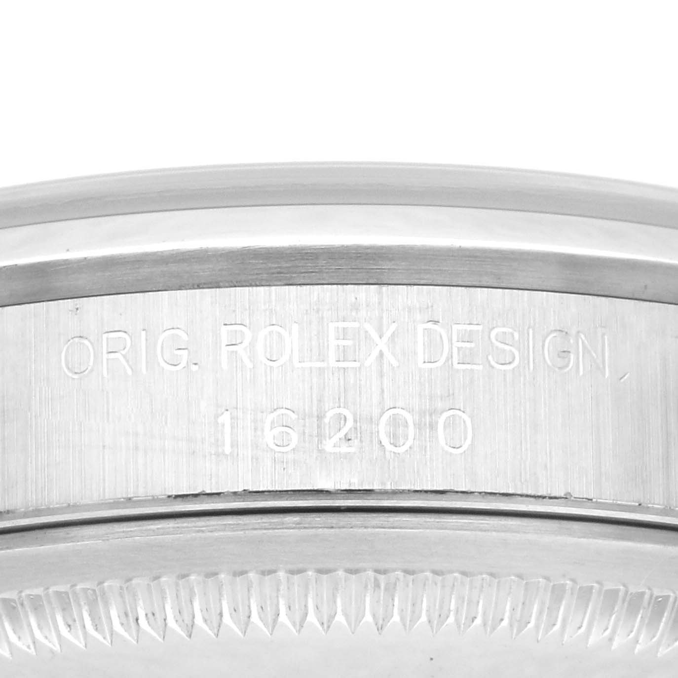 This image shows an engraved side view of the Rolex Datejust 16200 Men's Stainless Steel Silver Dial 16200 Men's Stainless Steel Silver Dial model, featuring the design number 16200.