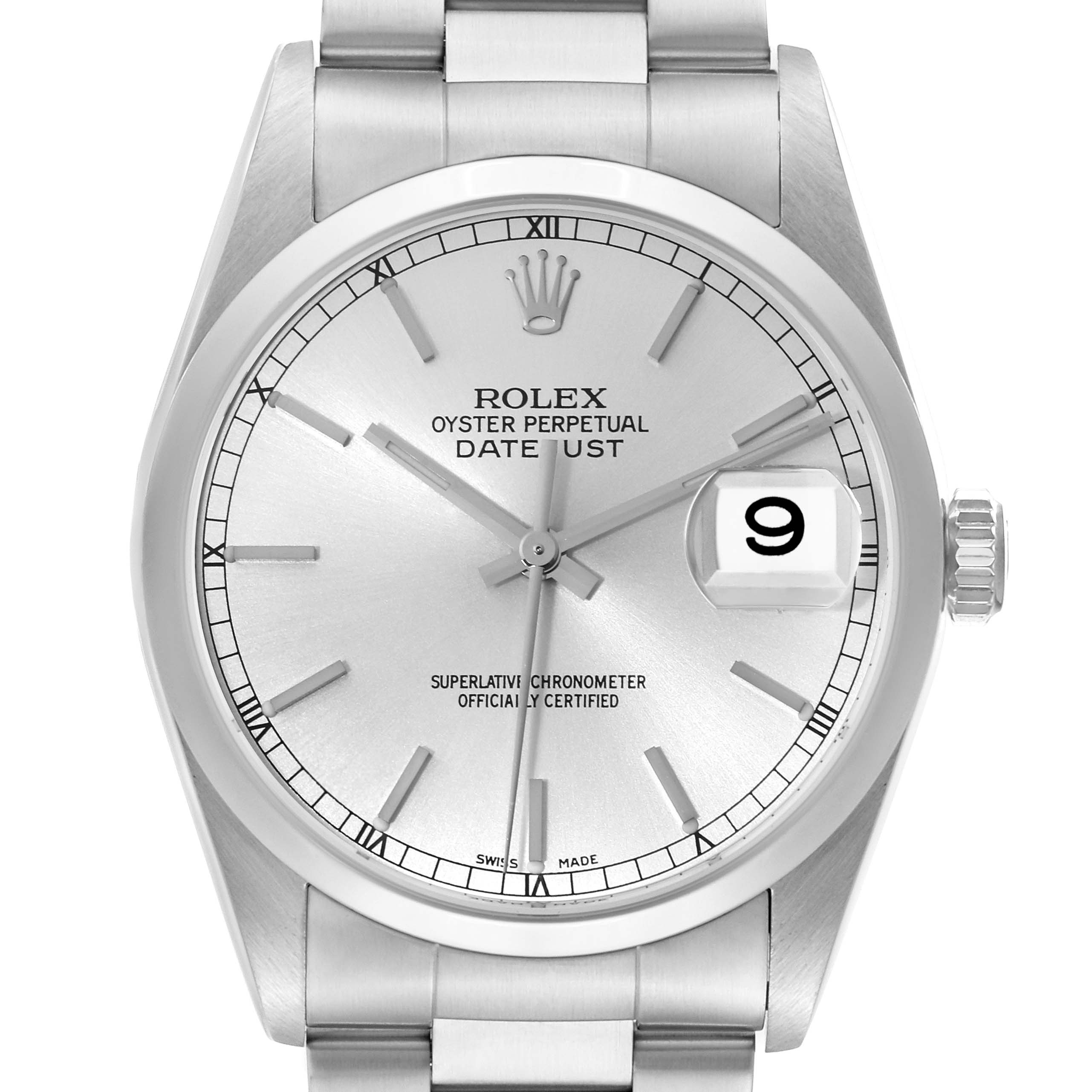 The image shows a front view of the Rolex Datejust 16200 Men's Stainless Steel Silver Dial 16200 Men's Stainless Steel Silver Dial watch, highlighting its dial, hour markers, hands, and date window with Cyclops lens.