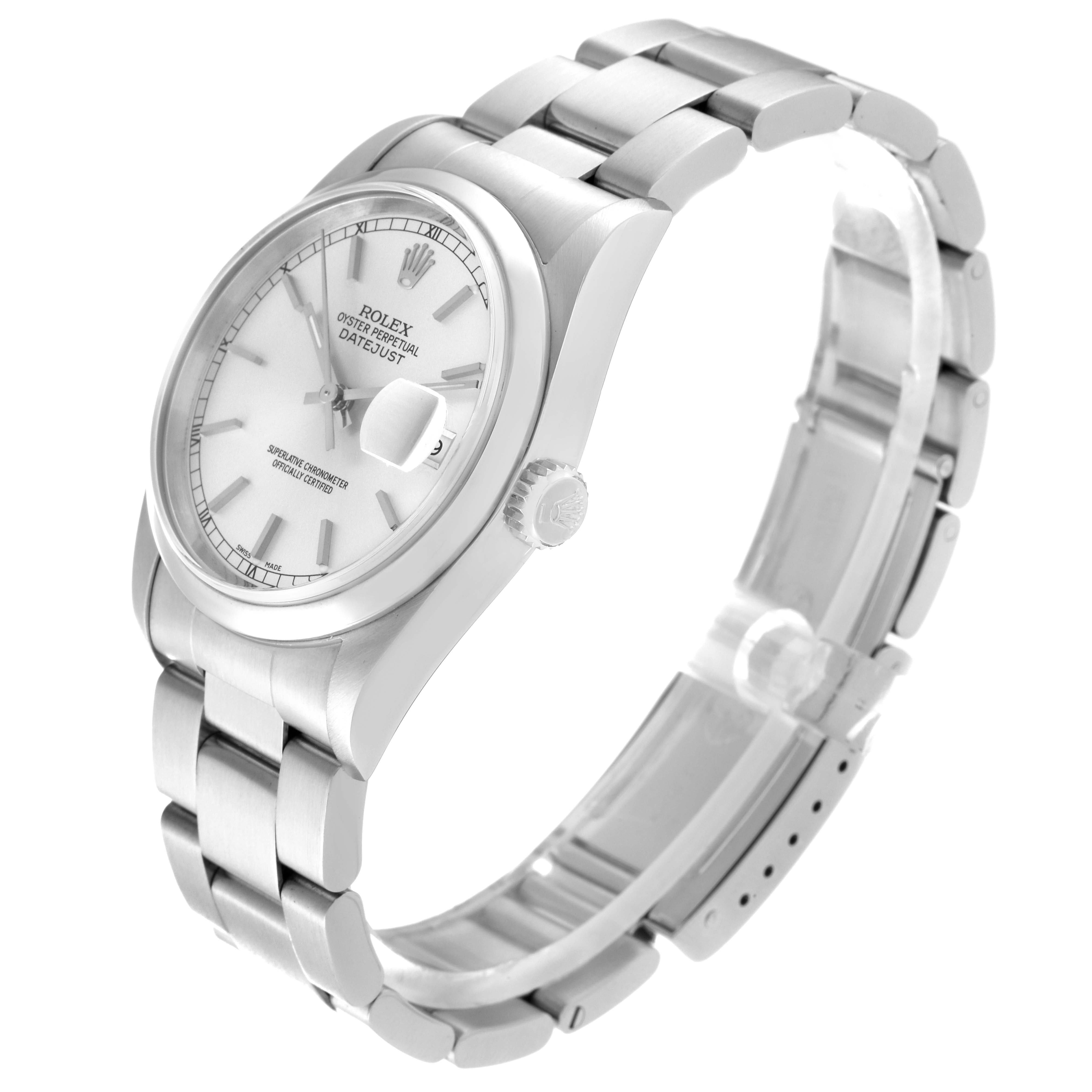 The image shows a Rolex Datejust 16200 Men's Stainless Steel Silver Dial 16200 Men's Stainless Steel Silver Dial watch angled to display the dial, bezel, crown, and stainless steel bracelet.