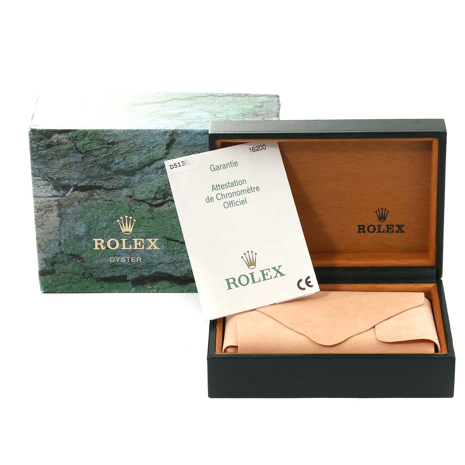 This image shows the packaging and guarantee booklet for a Rolex Datejust 16200 Men's Stainless Steel Silver Dial 16200 Men's Stainless Steel Silver Dial watch, with the watch box open and empty.