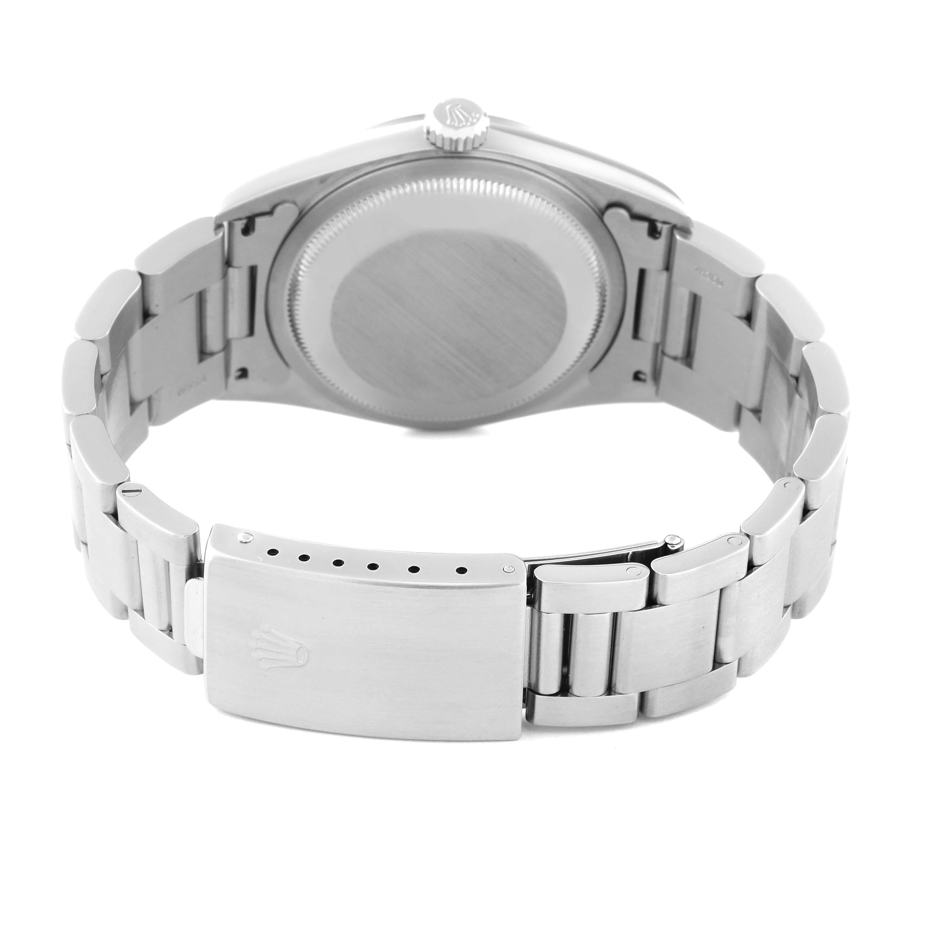 This image shows the back view of a Rolex Datejust 16200 Men's Stainless Steel Silver Dial 16200 Men's Stainless Steel Silver Dial watch, focusing on the case back and metal bracelet with the clasp open.