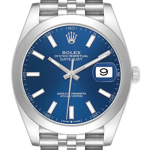 The image shows a frontal view of the Rolex Datejust 41 126300 Men's Stainless Steel Blue Dial, highlighting the blue dial, bezel, crown, and part of the bracelet.