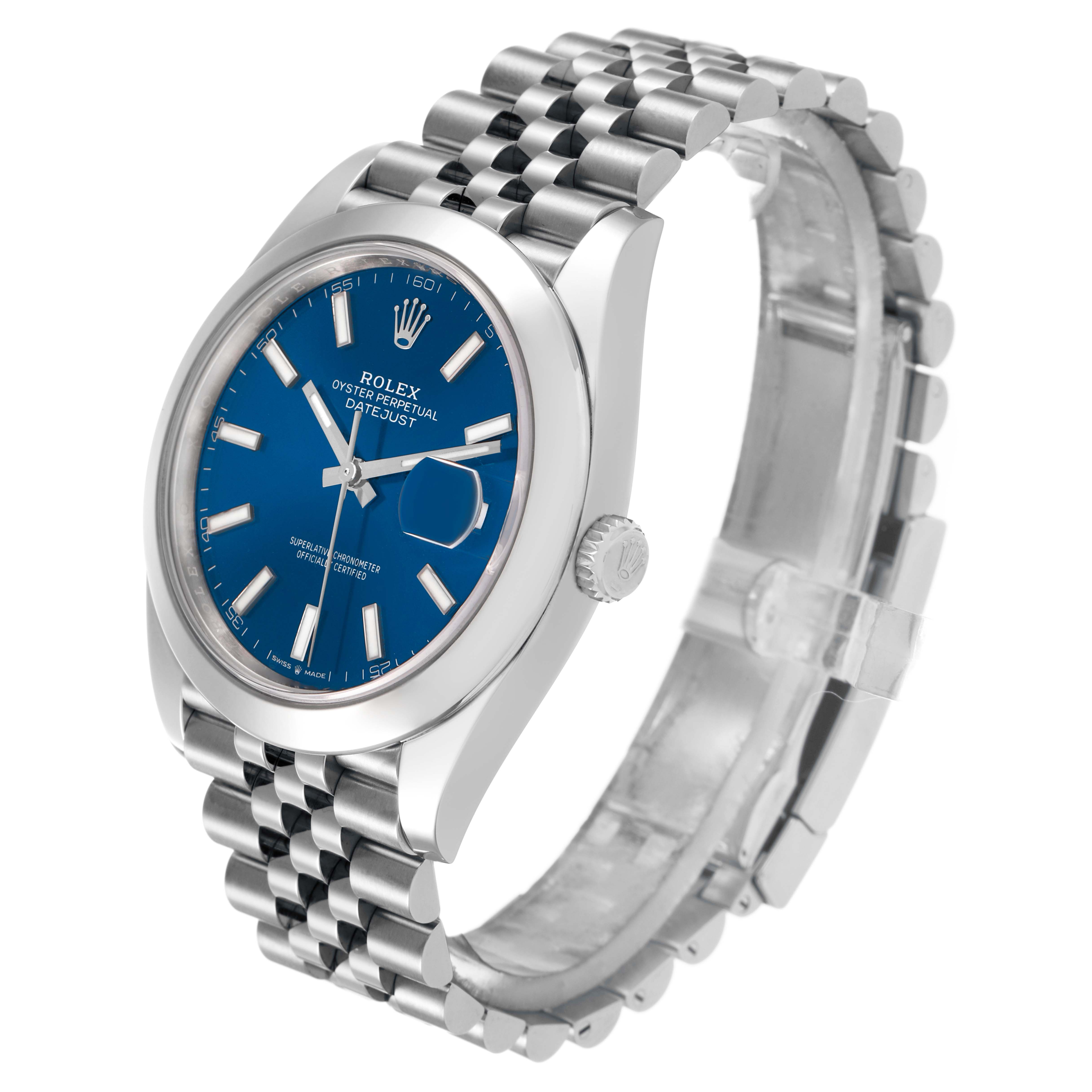 The image shows a Rolex Datejust 41 126300 Men's Stainless Steel Blue Dial in a three-quarter angle, highlighting the blue dial, jubilee bracelet, and crown.