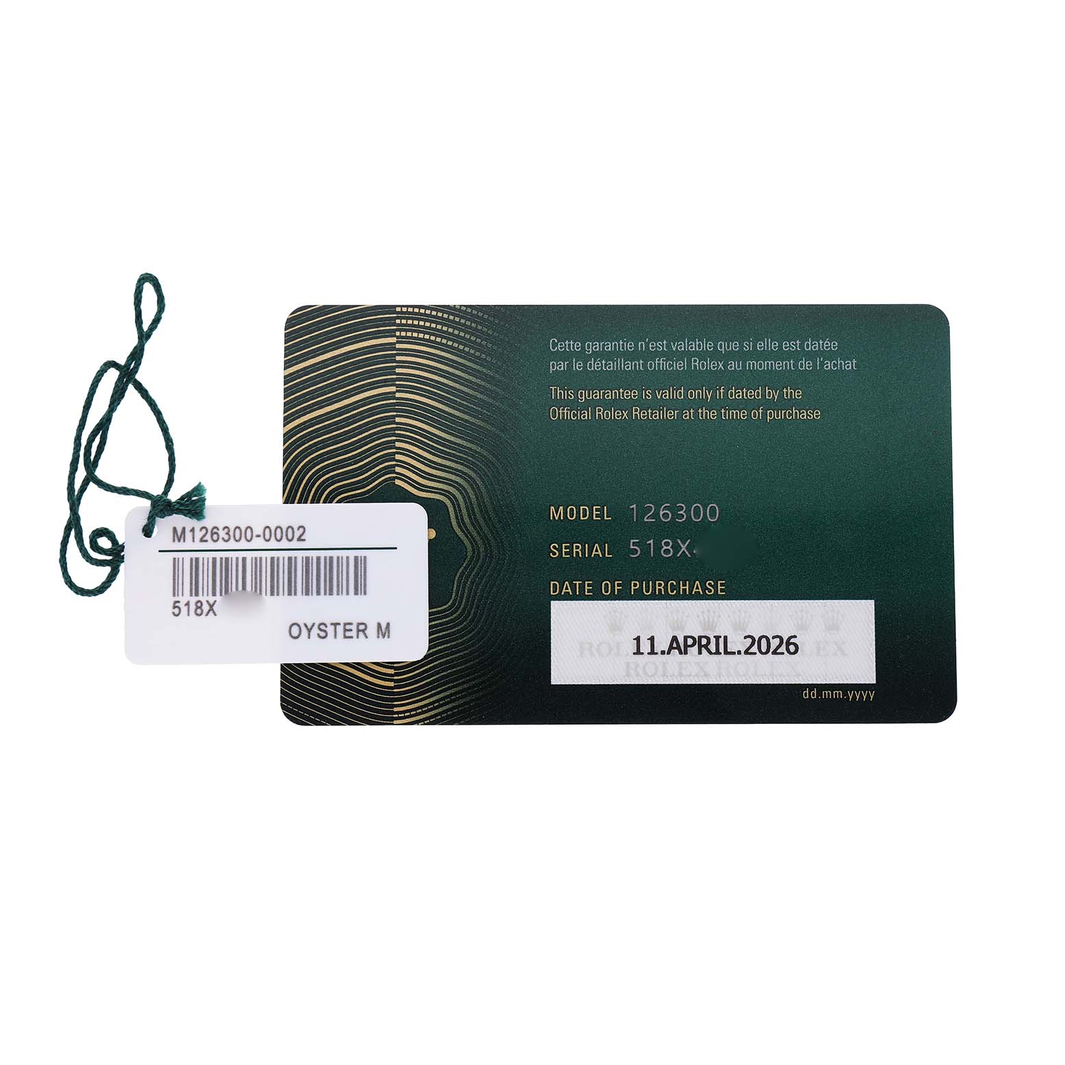 The image shows the warranty card and tag for a Rolex Datejust 41 126300 Men's Stainless Steel Blue Dial, model 126300, with purchase date details.