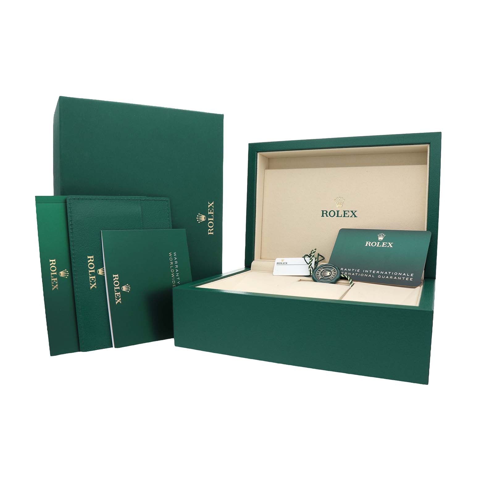 The image shows the Rolex Datejust 41 126300 Men's Stainless Steel Blue Dial packaging, including the box, warranty card, and booklet at an angle.