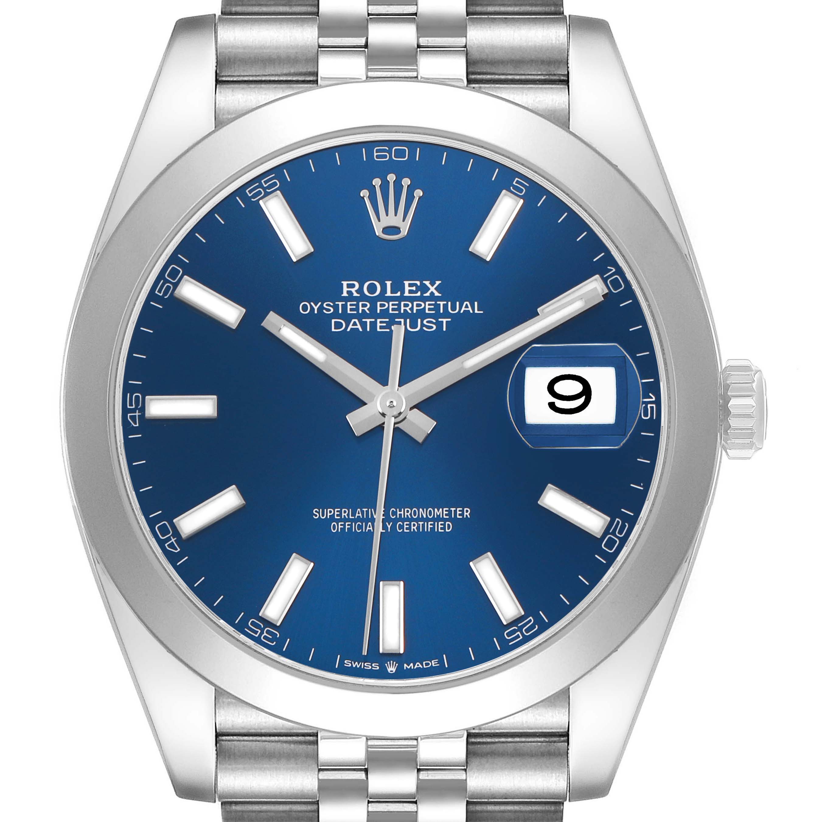 The Rolex Datejust 41 126300 Men's Stainless Steel Blue Dial is shown from the front, highlighting the blue dial, bezel, hands, and part of the bracelet.