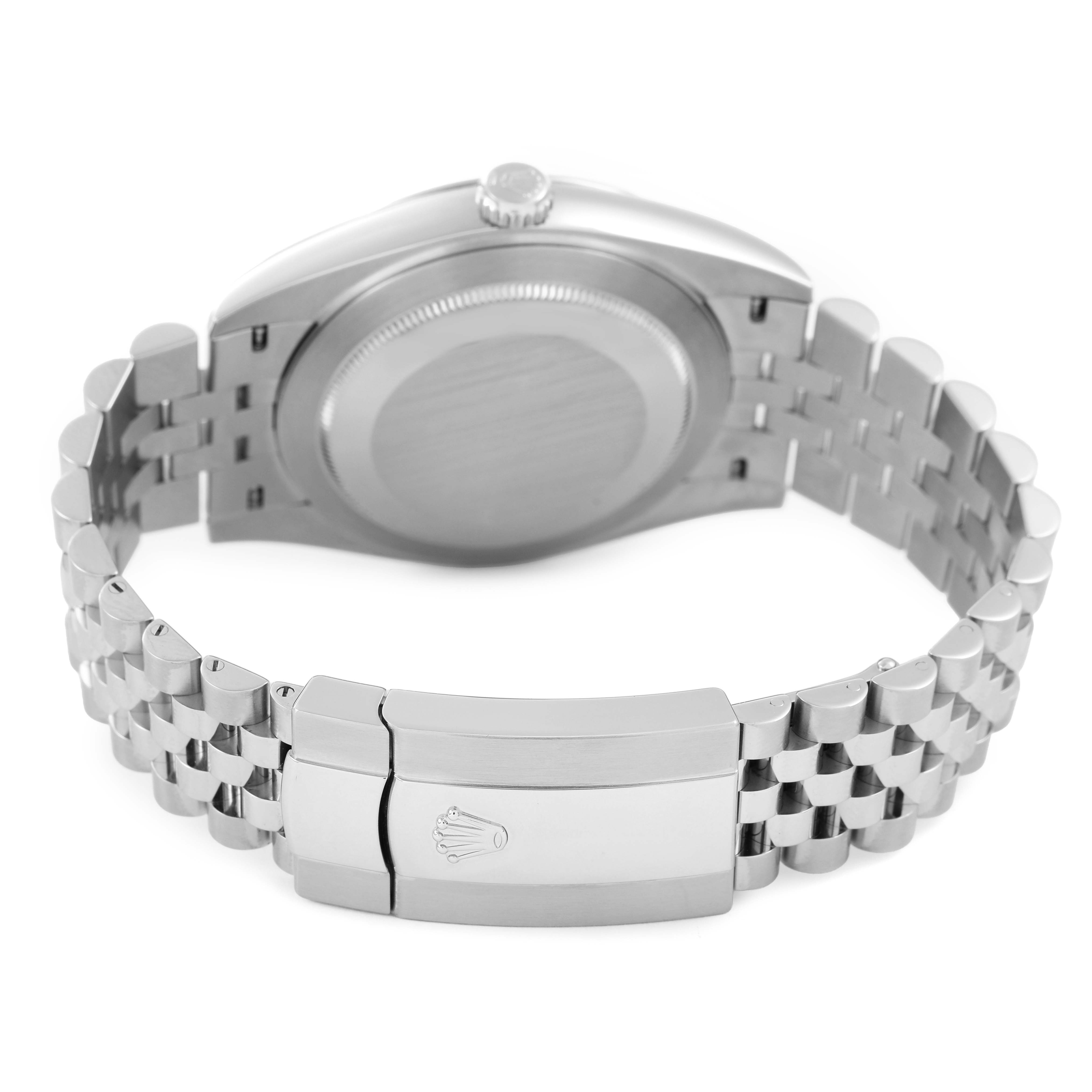 The Rolex Datejust 41 126300 Men's Stainless Steel Blue Dial is shown from the back, displaying the case back, bracelet, and clasp with the Rolex logo.