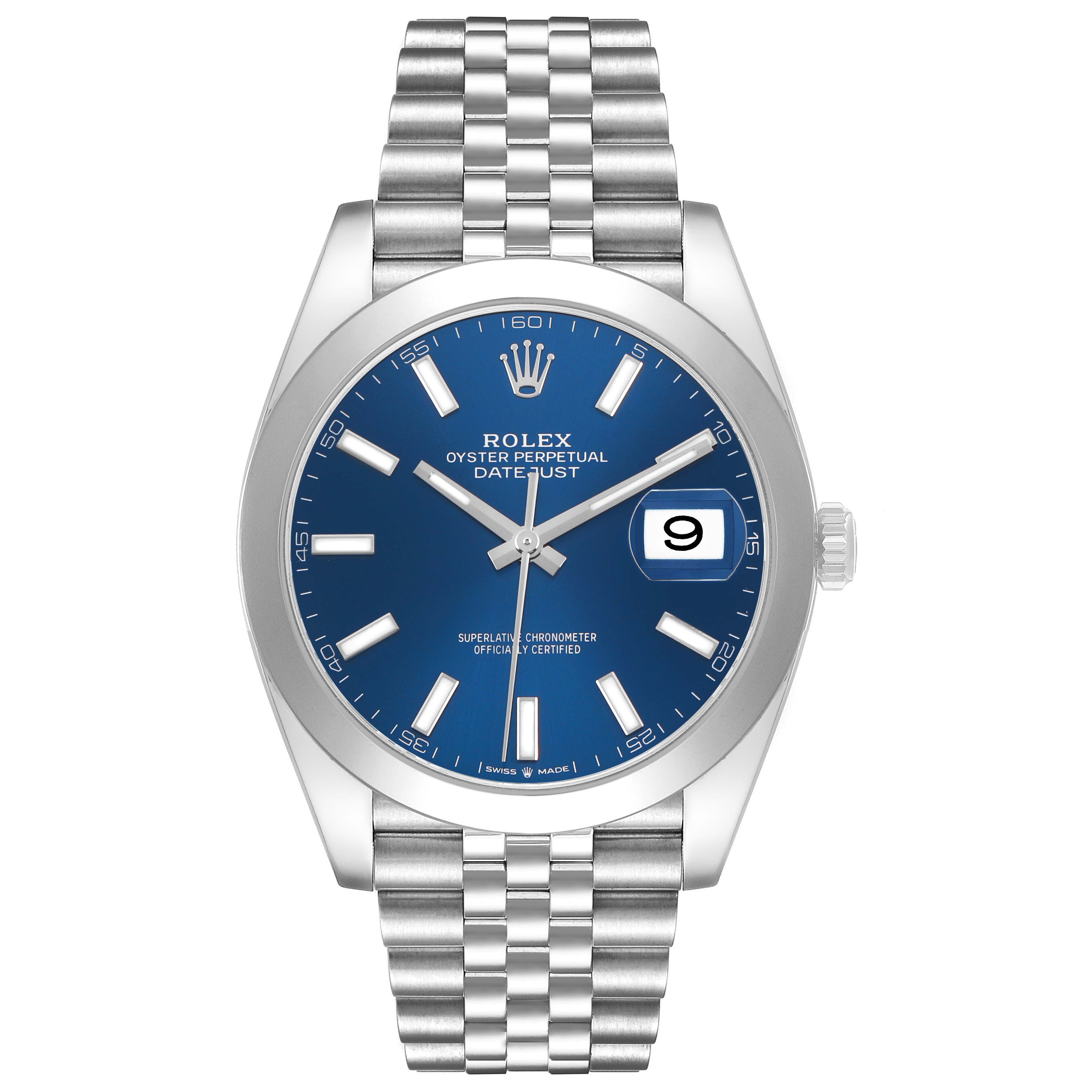 The image shows a front view of the Rolex Datejust 41 126300 Men's Stainless Steel Blue Dial, highlighting its blue dial, date window, and Jubilee bracelet.
