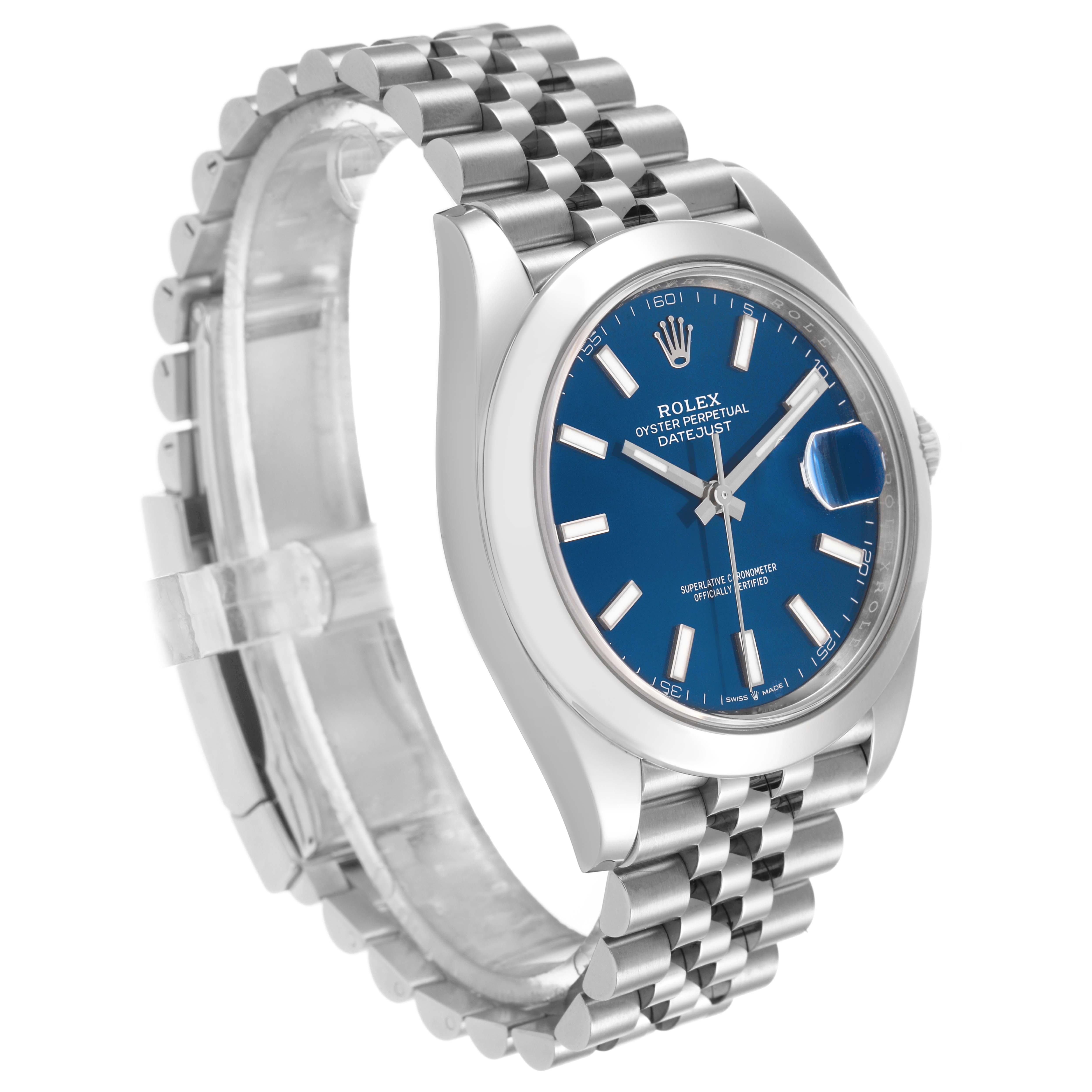 The Rolex Datejust 41 126300 Men's Stainless Steel Blue Dial is shown at a slight angle, displaying the dial, bezel, and part of the Jubilee bracelet.
