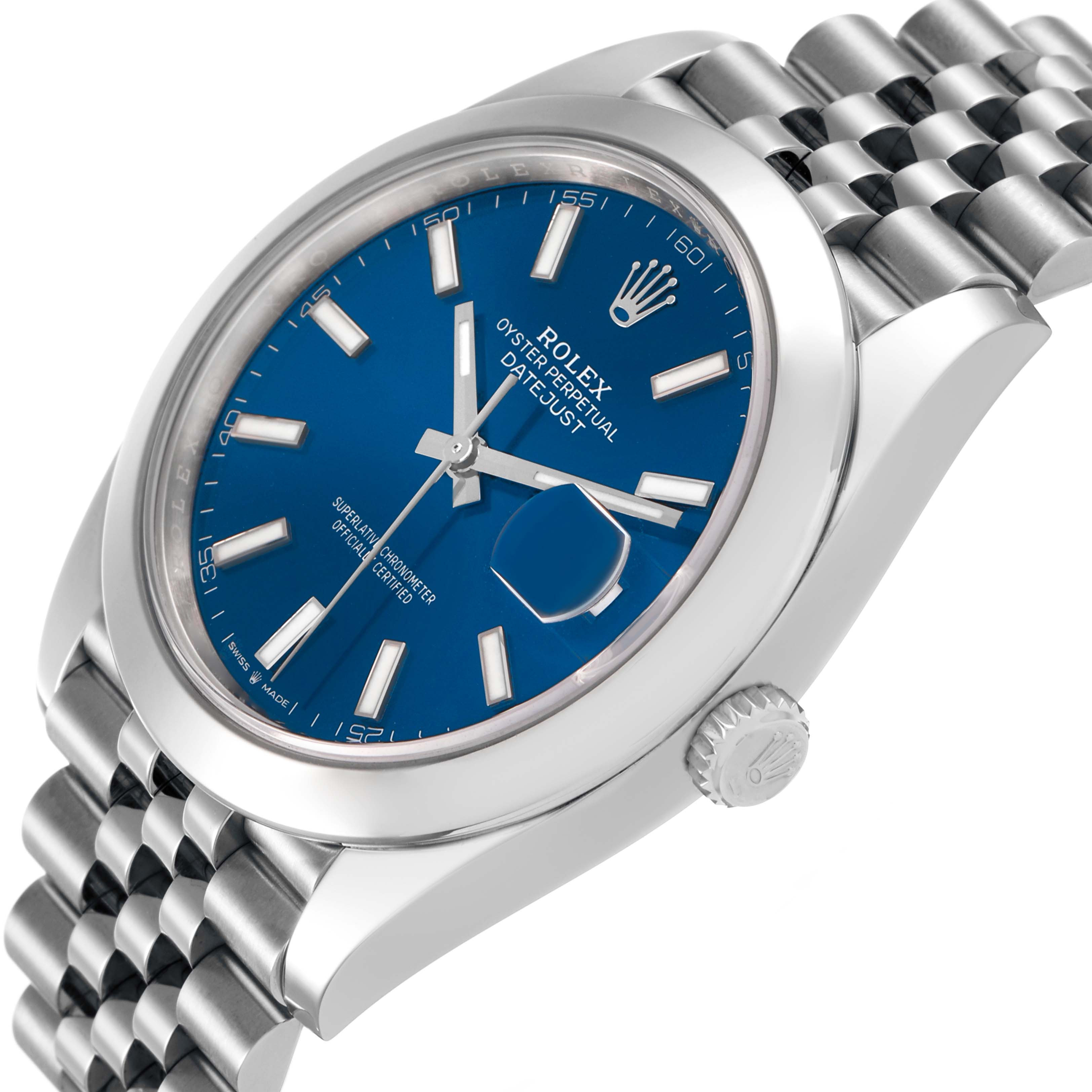 The Rolex Datejust 41 126300 Men's Stainless Steel Blue Dial is shown at an angle highlighting the blue dial, bezel, crown, and part of the Jubilee bracelet.