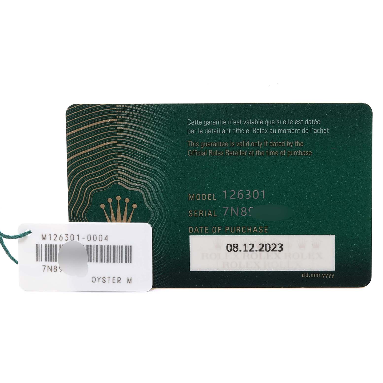 The image shows the warranty card and a tag for a Rolex Datejust 41 126301 Men
s Steel and Gold (two tone) Brown Dial 126301 Men
s Steel and Gold (two tone) Brown Dial model 126301.