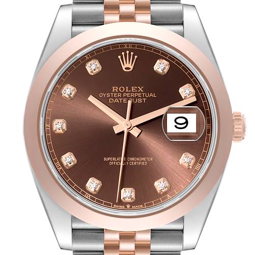 This is a close-up front view of the Rolex Datejust 41 watch, showcasing its brown dial, diamond hour markers, and date display.