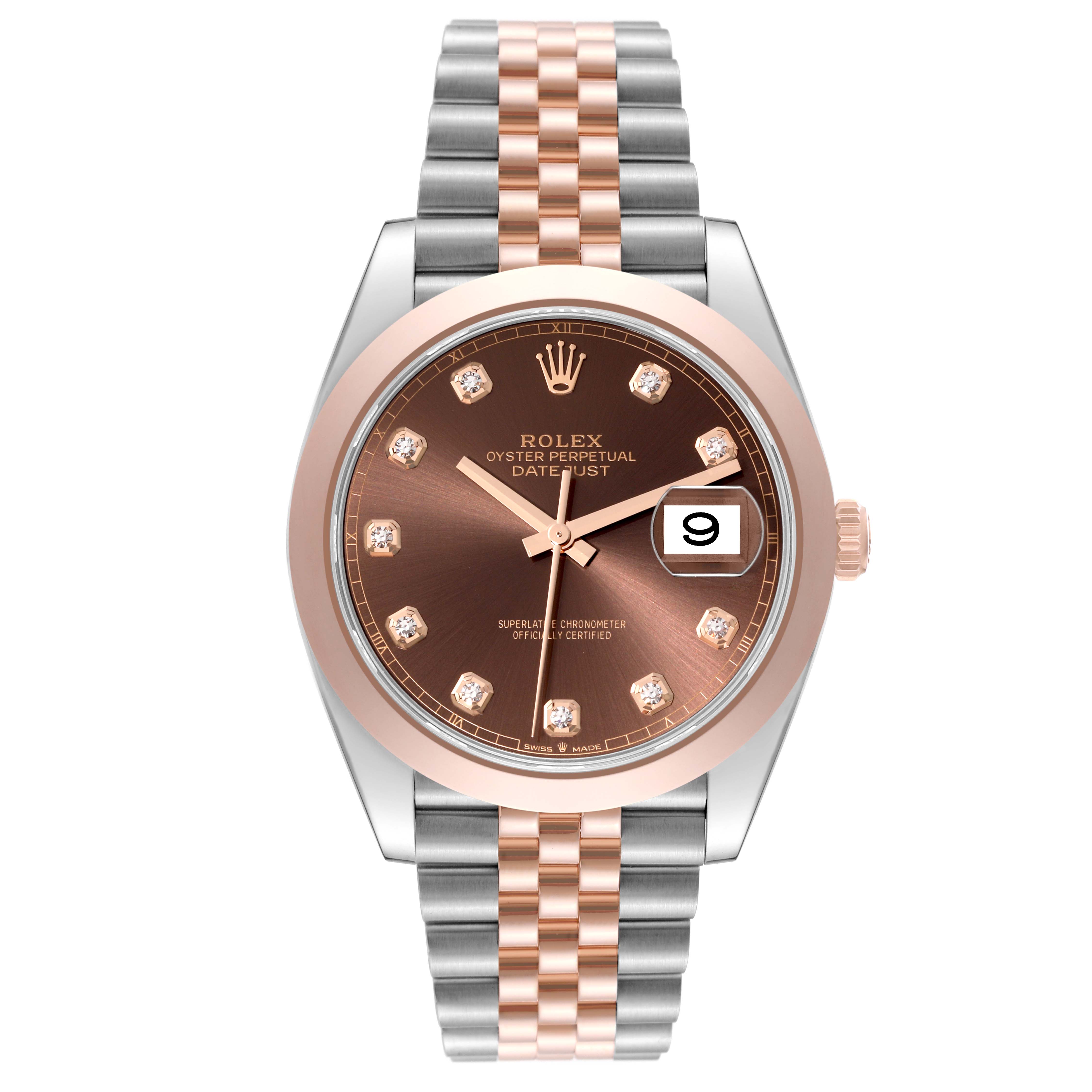 This is a front view of the Rolex Datejust 41 126301 Men
s Steel and Gold (two tone) Brown Dial 126301 Men
s Steel and Gold (two tone) Brown Dial watch, showing the dial, bracelet, date window, and crown.